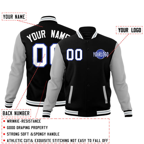 Custom Black Gray White Raglan Sleeves Classic Style Full-Snap Jacket| KXKSHOP