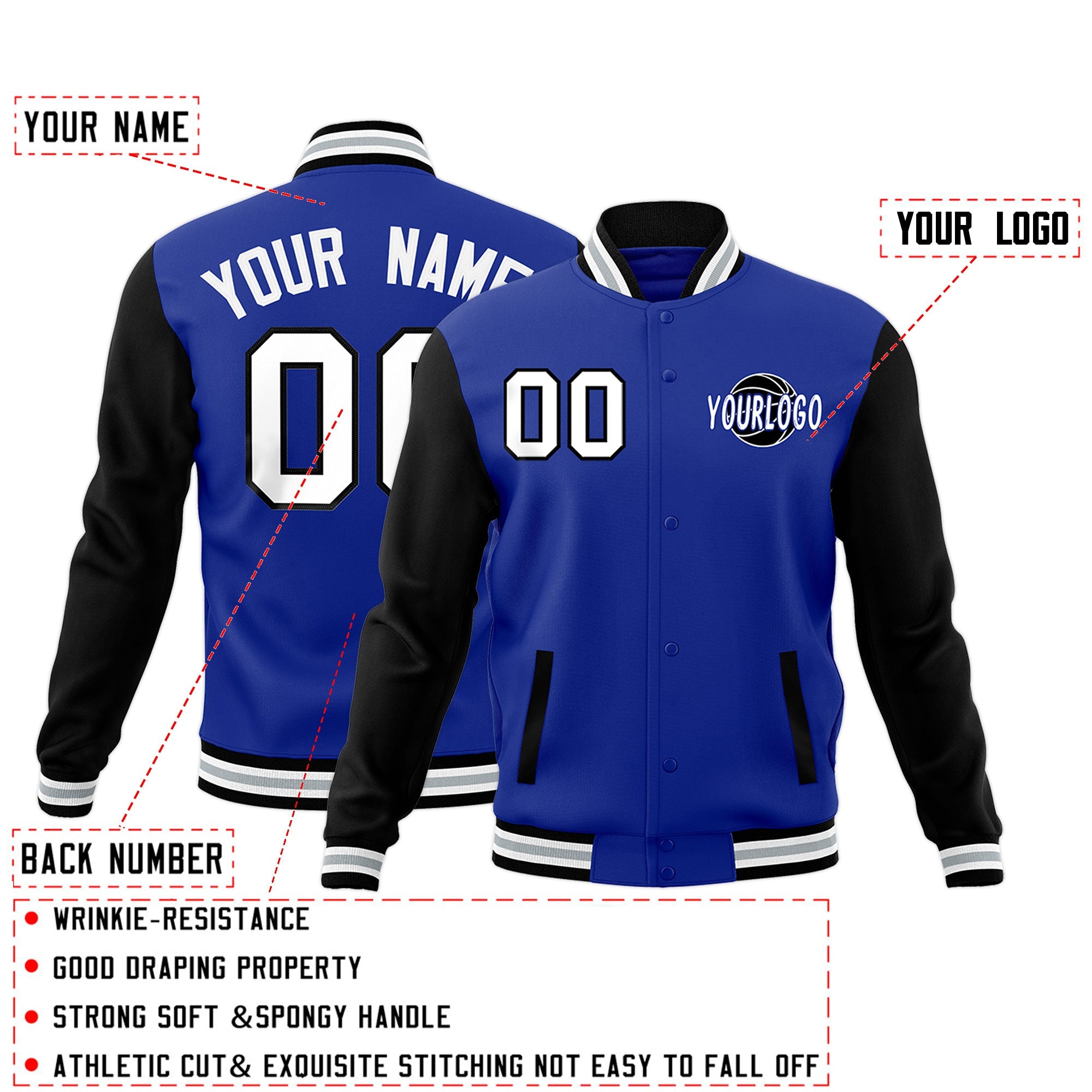 Custom Black Royal Blue Raglan Sleeves Classic Style Full-Snap Jacket| KXKSHOP