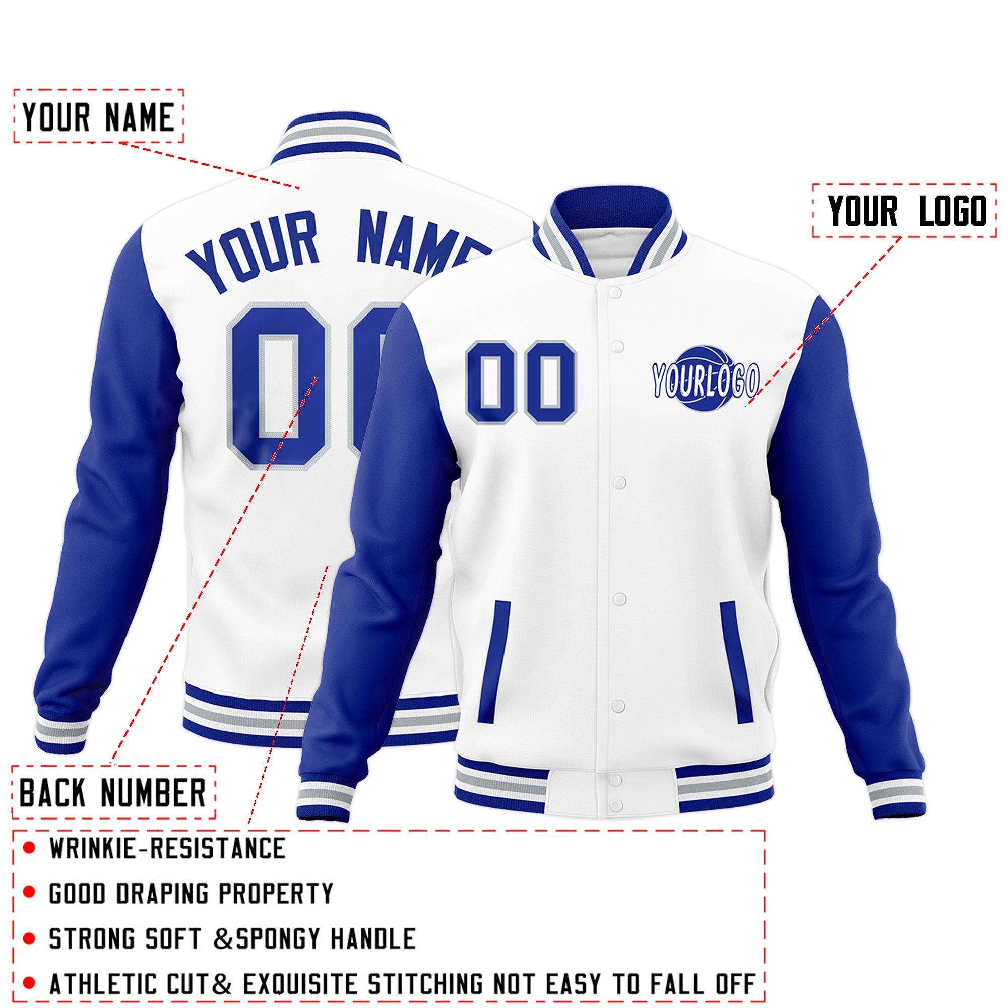 Custom White Royal Blue Gray Raglan Sleeves Classic Style Full-Snap Jacket| KXKSHOP