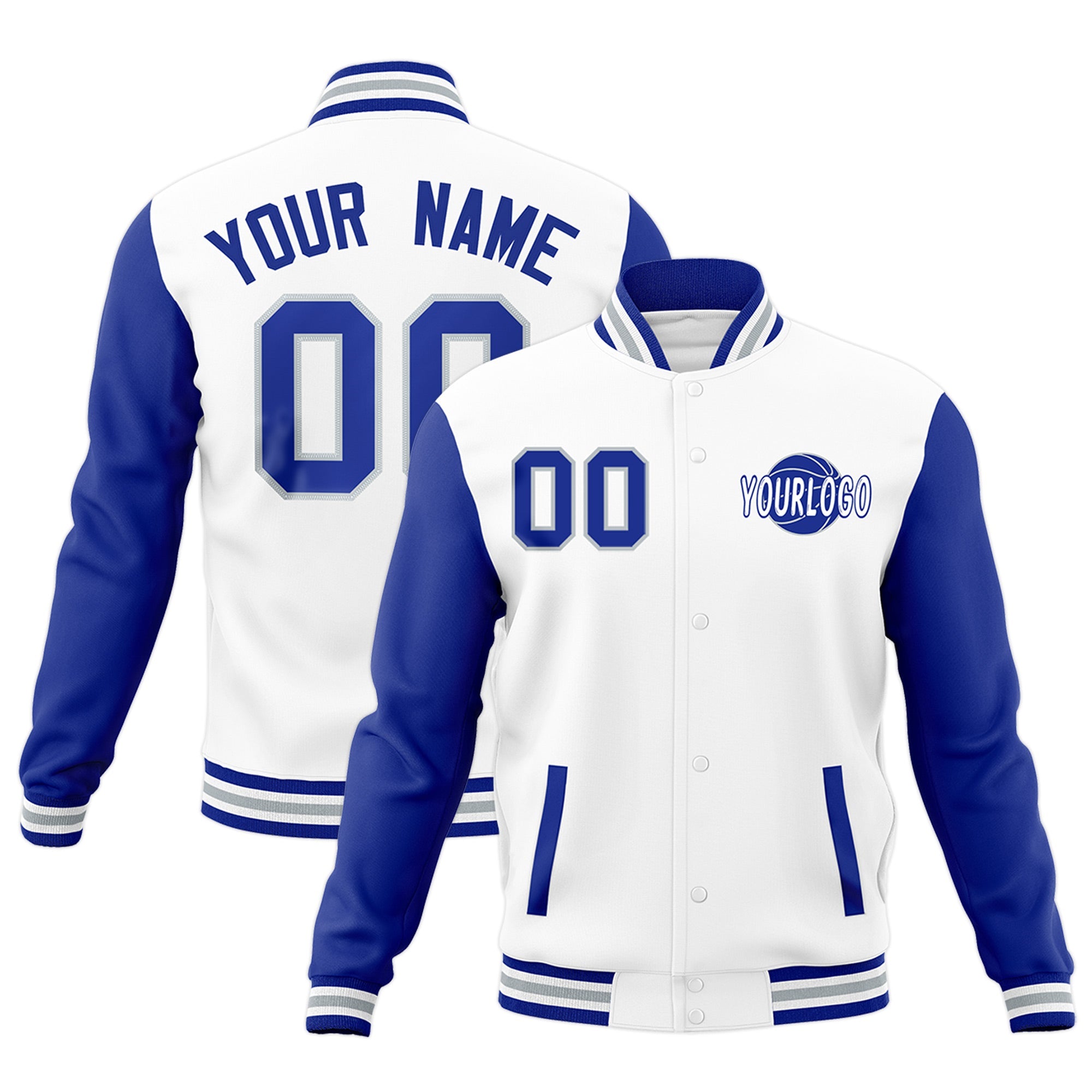Custom White Royal Blue Gray Raglan Sleeves Classic Style Full-Snap Jacket| KXKSHOP