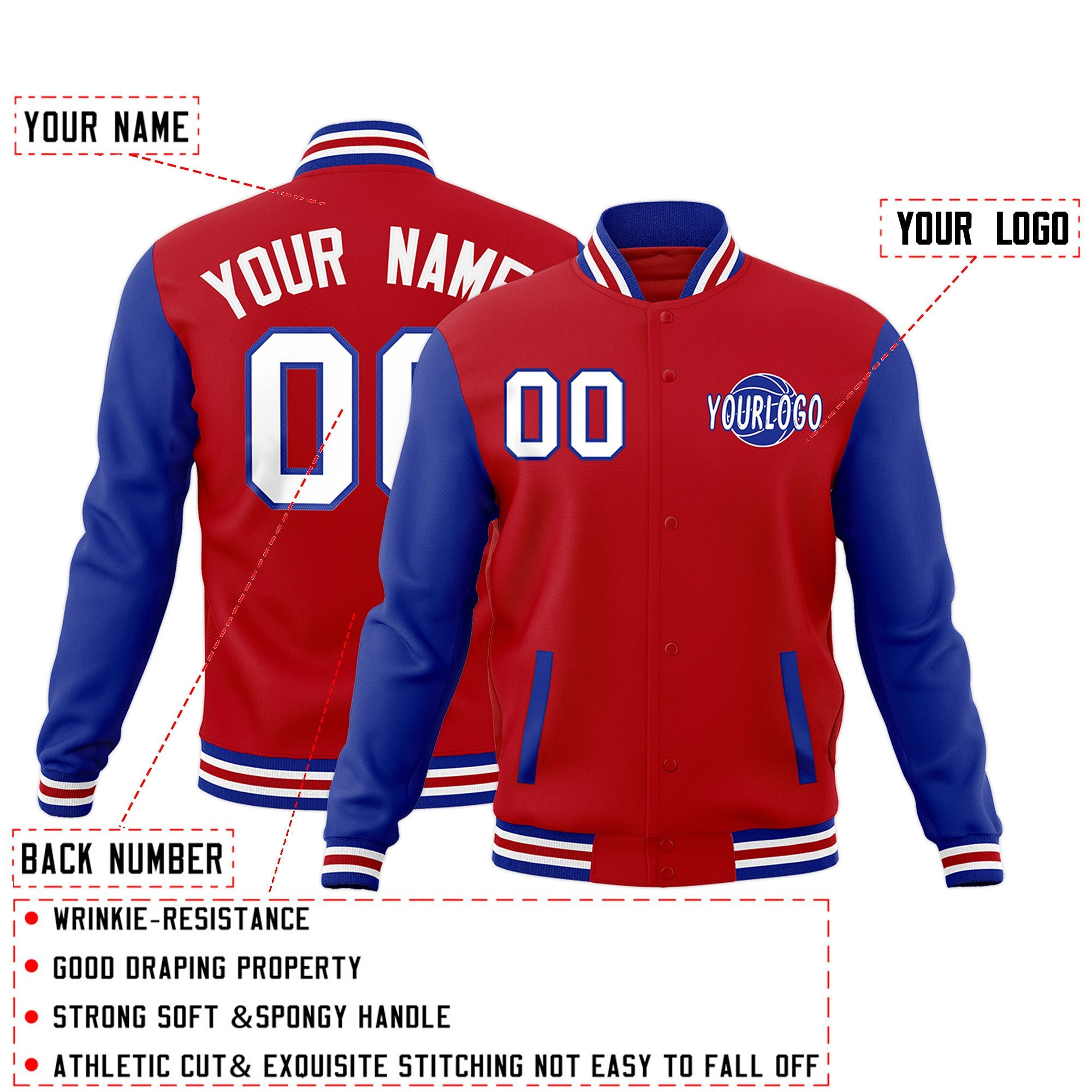 Custom Red Royal Blue White Raglan Sleeves Classic Style Full-Snap Jacket| KXKSHOP