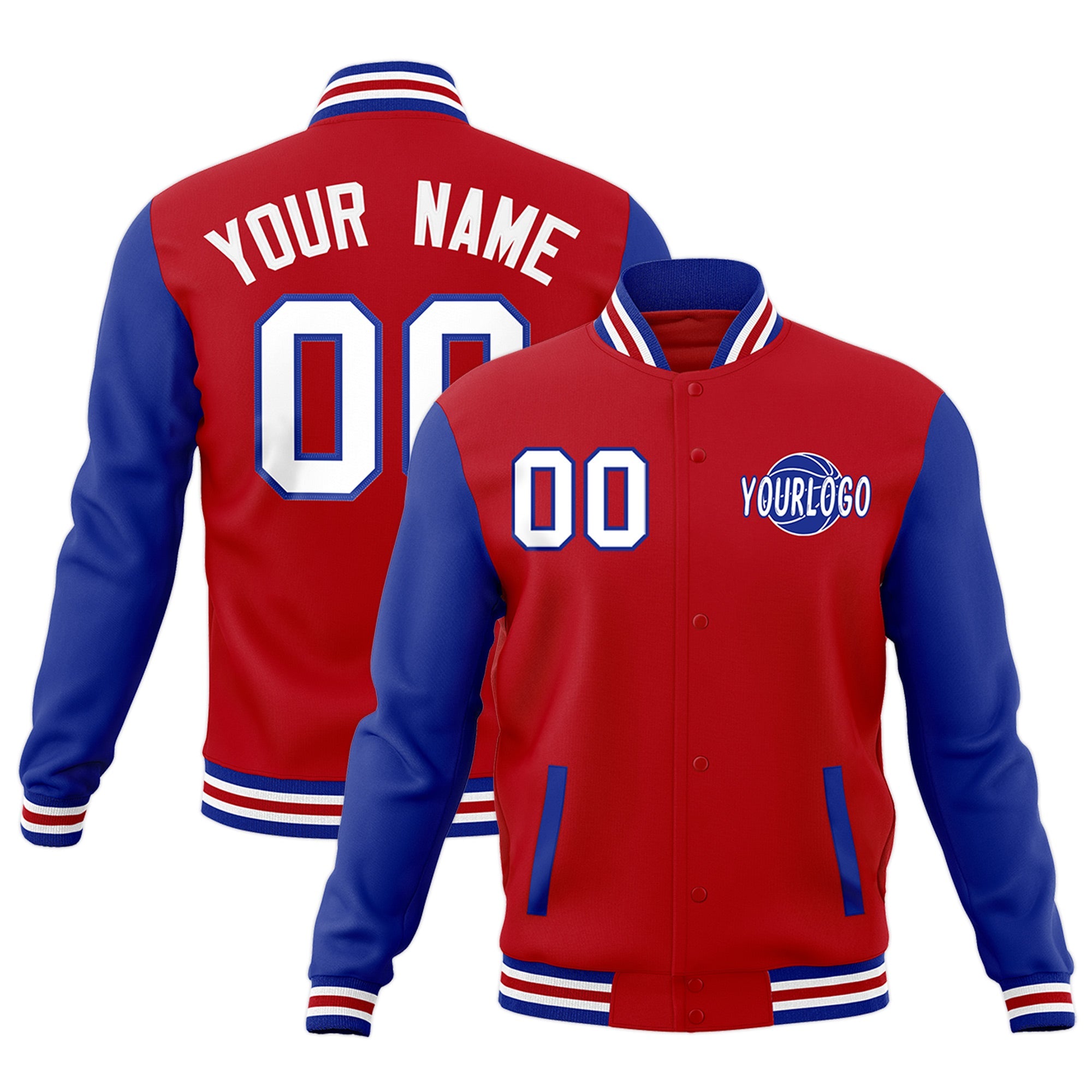 Custom Red Royal Blue White Raglan Sleeves Classic Style Full-Snap Jacket| KXKSHOP