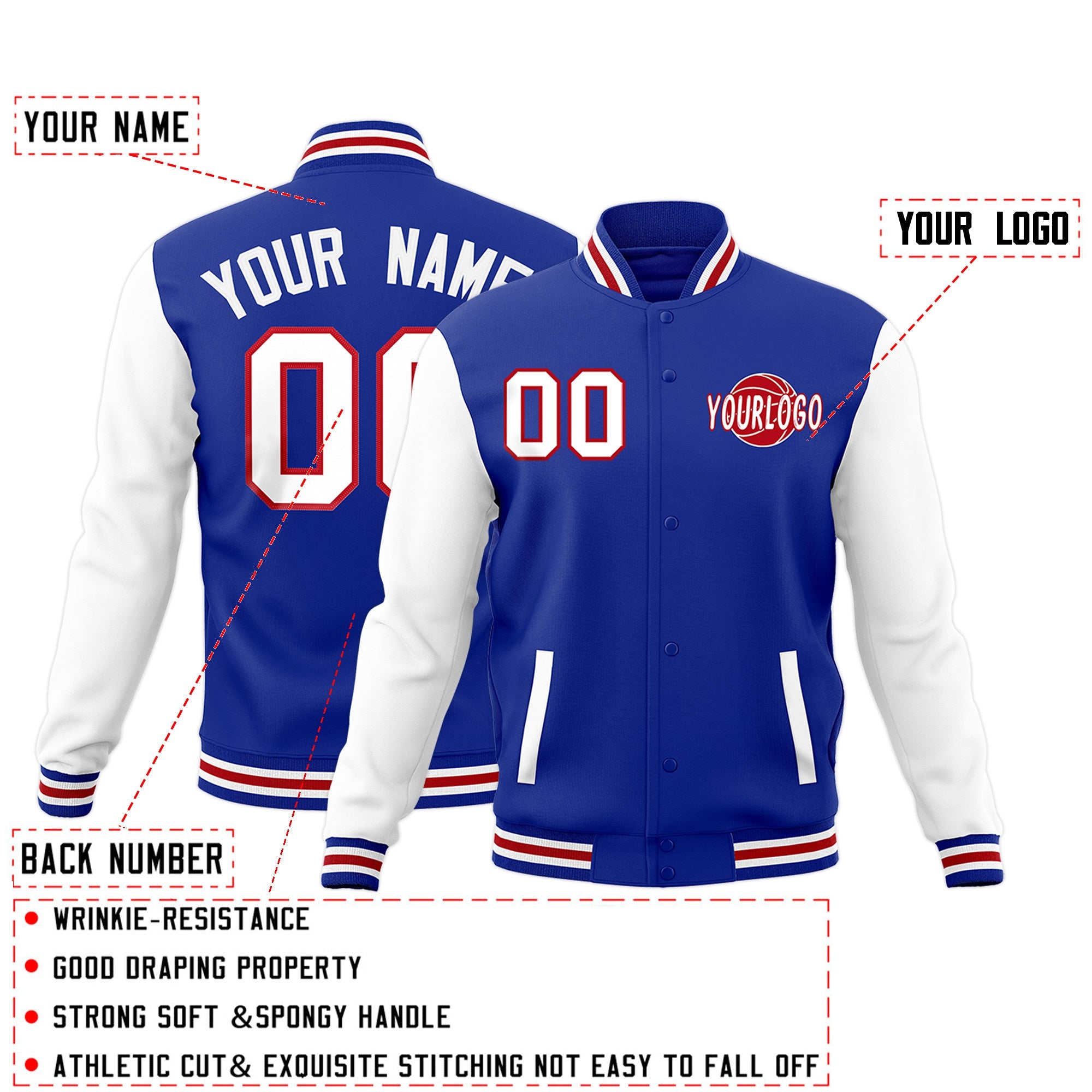 Custom Royal Blue White Red Raglan Sleeves Classic Style Full-Snap Jacket| KXKSHOP
