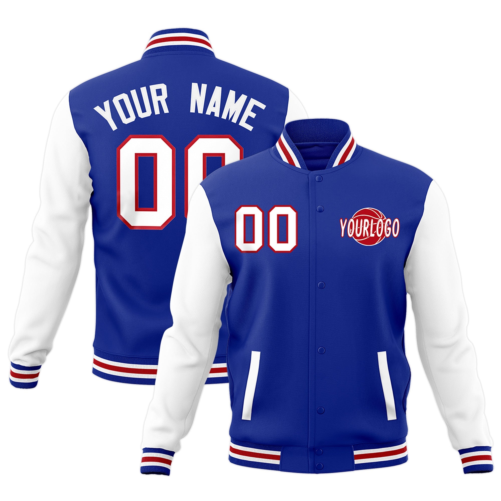 Custom Royal Blue White Red Raglan Sleeves Classic Style Full-Snap Jacket| KXKSHOP