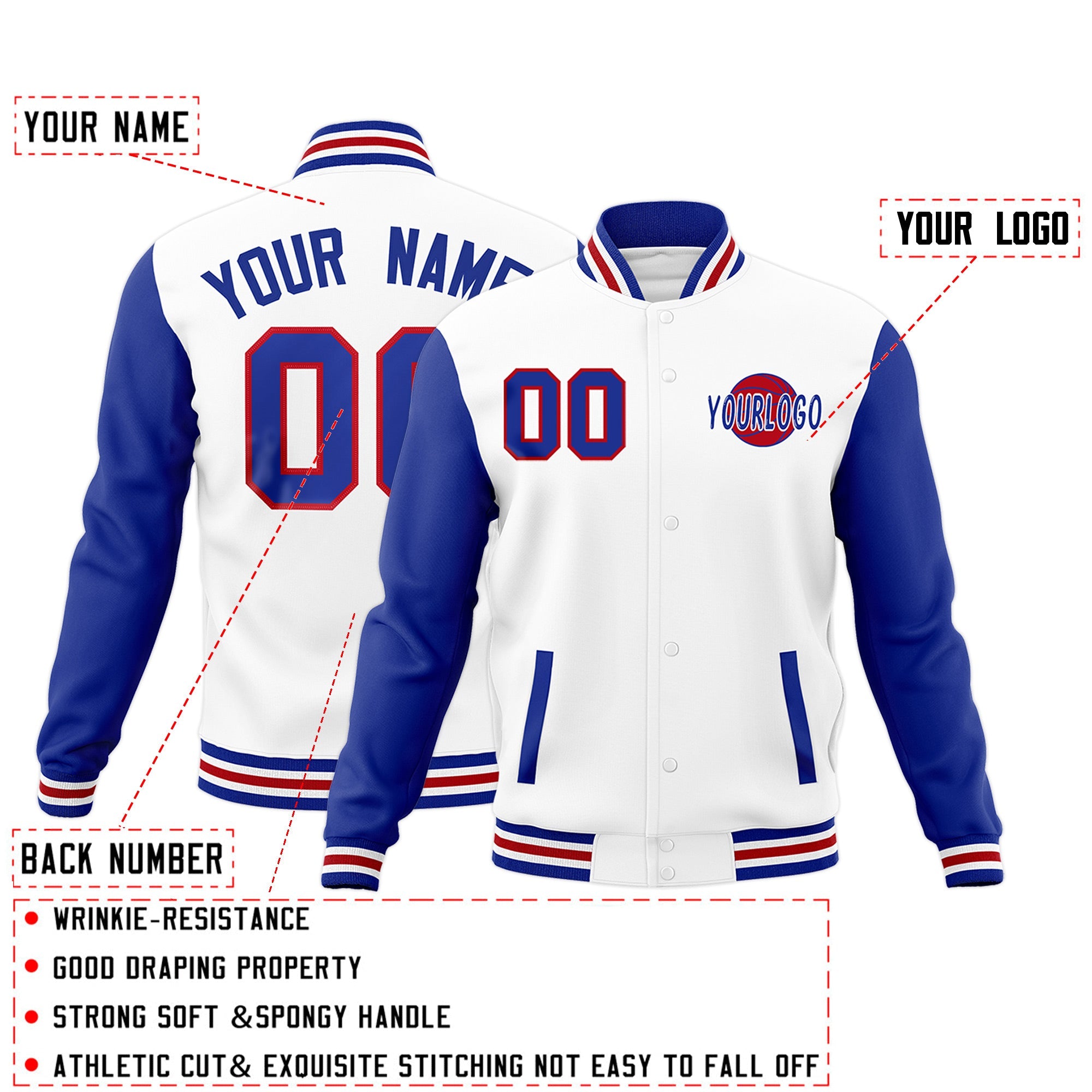 Custom Royal Blue White Raglan Sleeves Classic Style Full-Snap Jacket| KXKSHOP