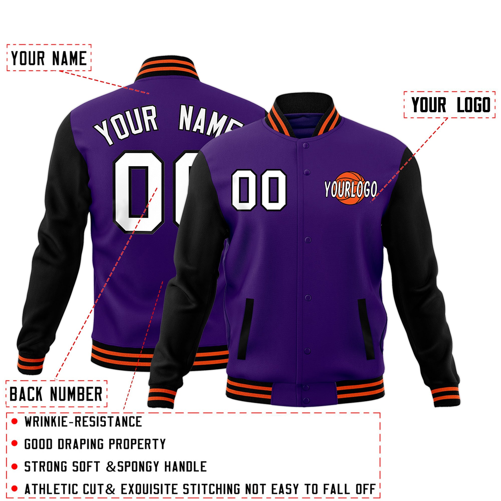 Custom Purple Black Orange Raglan Sleeves Classic Style Full-Snap Jacket| KXKSHOP