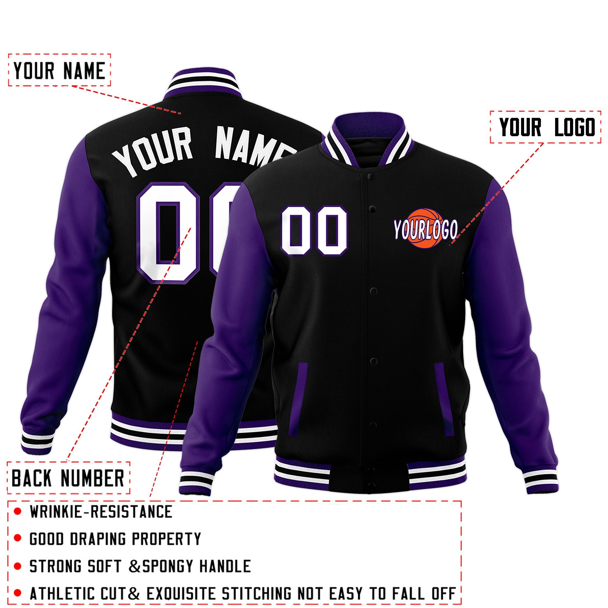 Custom Purple Black White Raglan Sleeves Classic Style Full-Snap Jacket| KXKSHOP