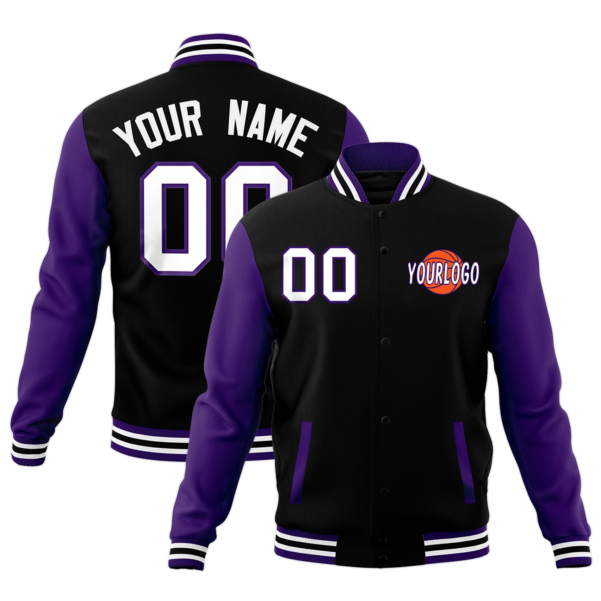 Custom Purple Black White Raglan Sleeves Classic Style Full-Snap Jacket| KXKSHOP