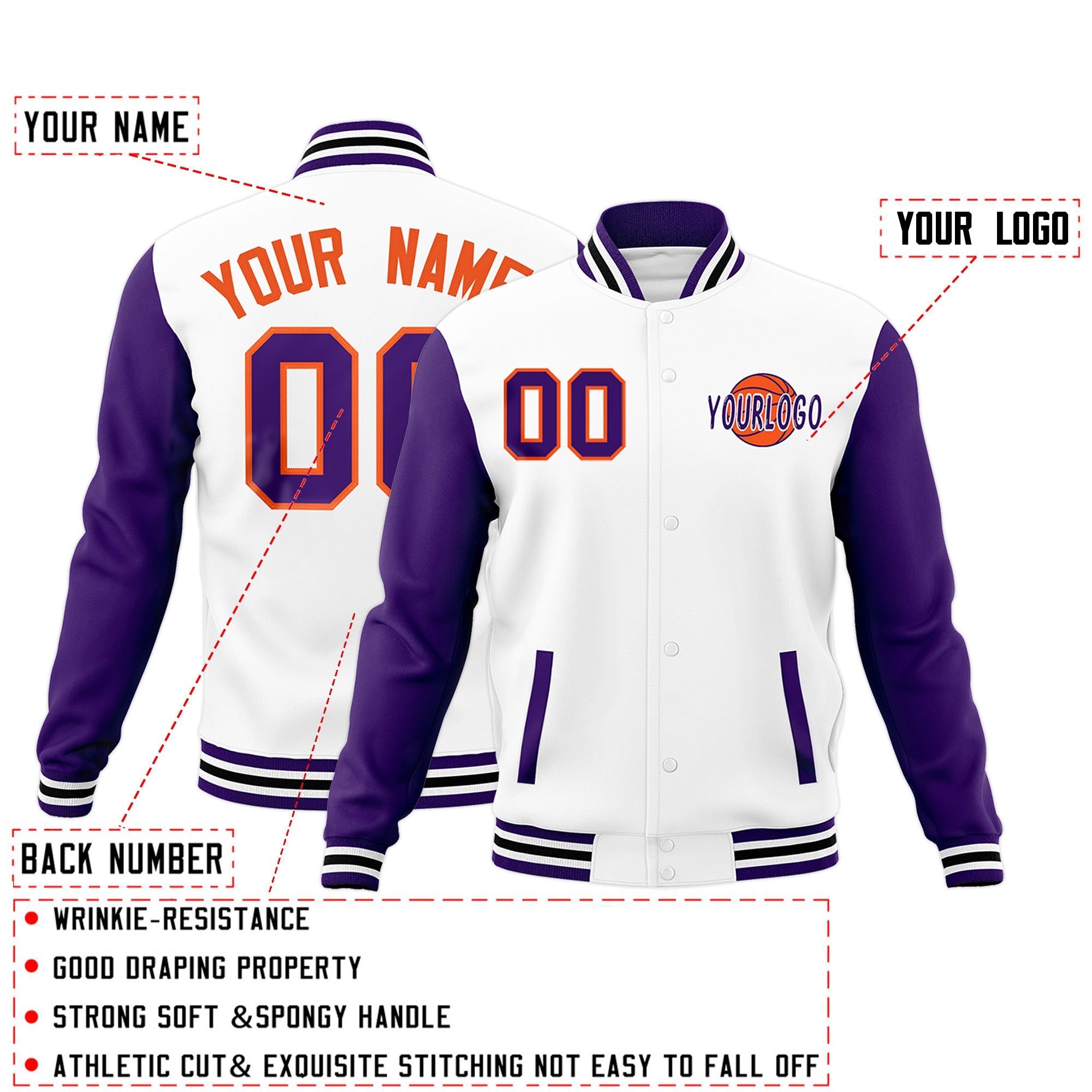 Custom White Purple Black Raglan Sleeves Classic Style Full-Snap Jacket| KXKSHOP