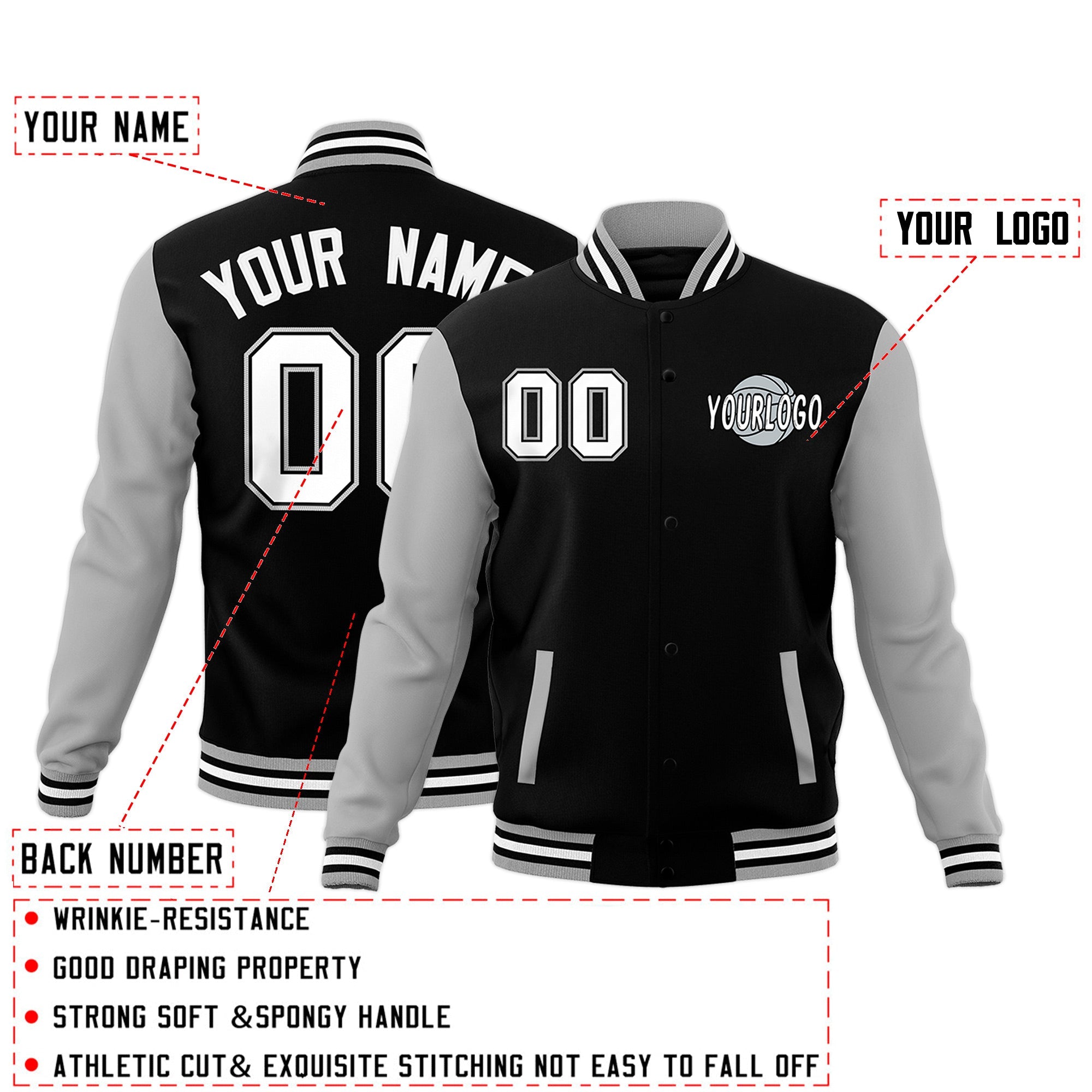Custom Gray Black White Raglan Sleeves Classic Style Full-Snap Jacket| KXKSHOP