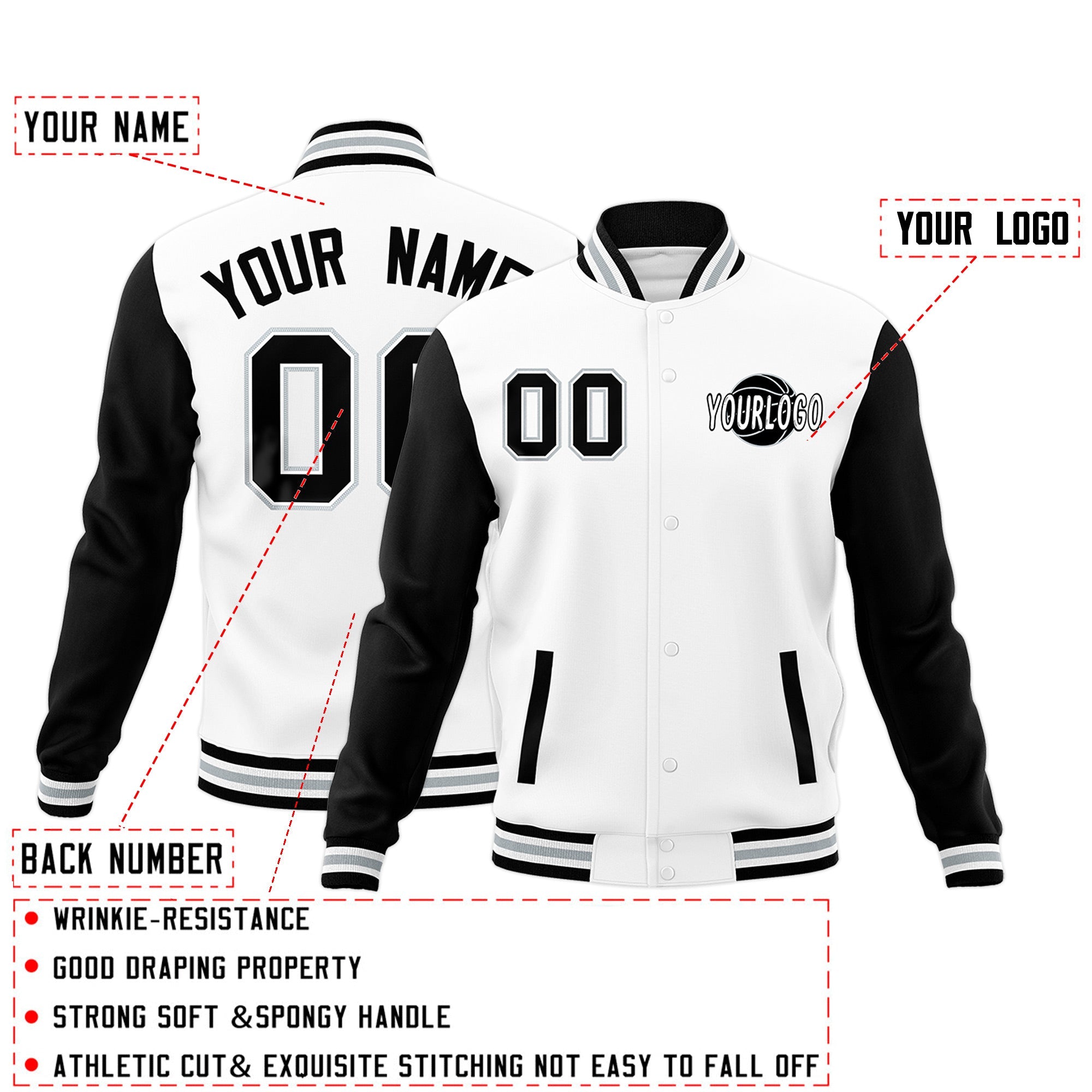 Custom White Black Gray Raglan Sleeves Classic Style Full-Snap Jacket| KXKSHOP