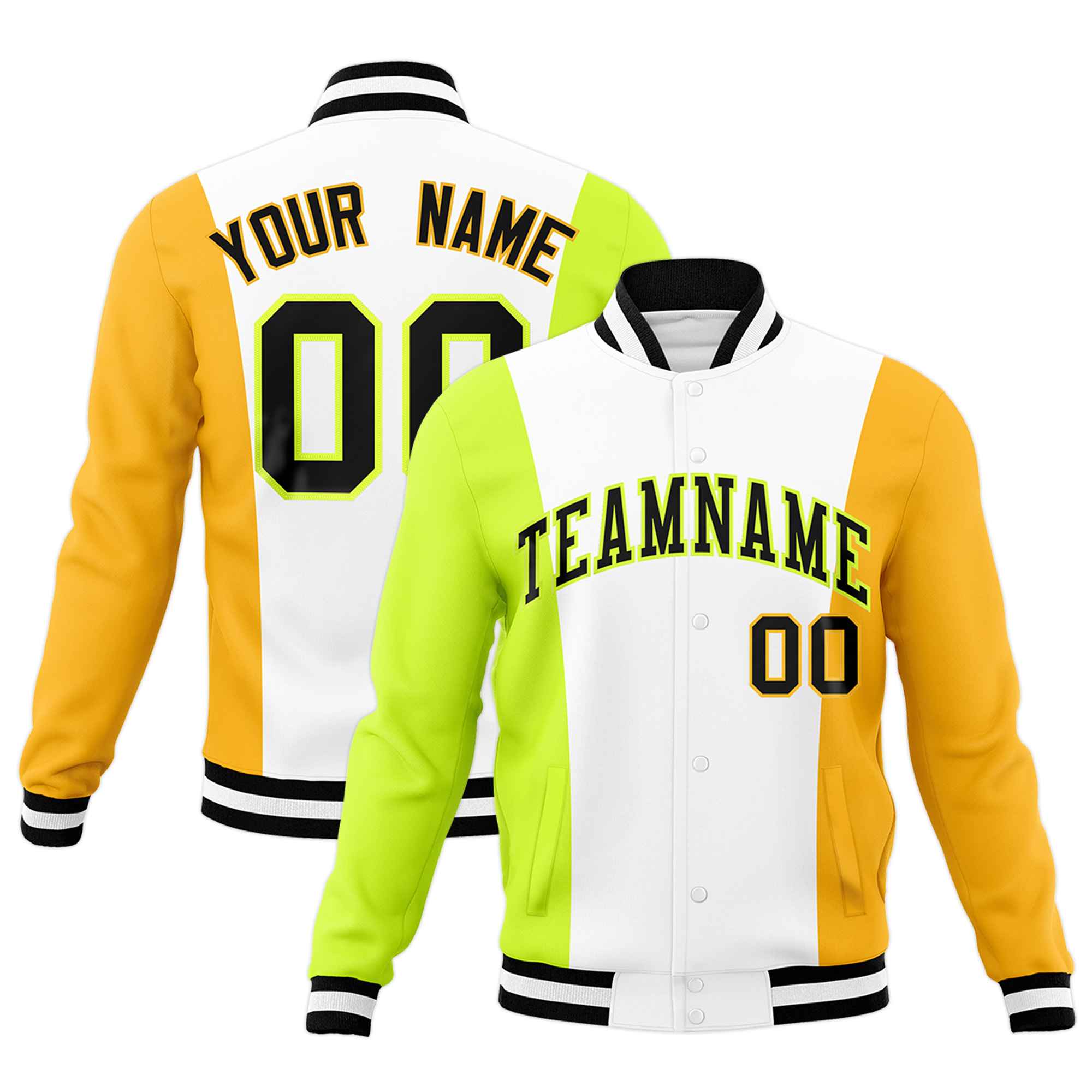 Custom White Fluorescent Green Yellow Personalization Varsity Full-Snap Three Color Blocks Letterman Jacket| KXKSHOP