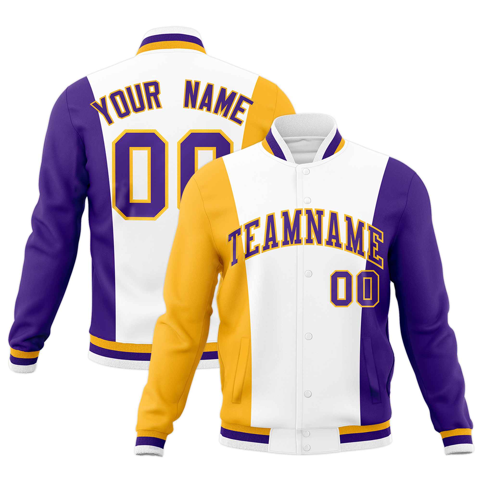 Custom White Yellow Purple Personalization Varsity Full-Snap Three Color Blocks Letterman Jacket| KXKSHOP