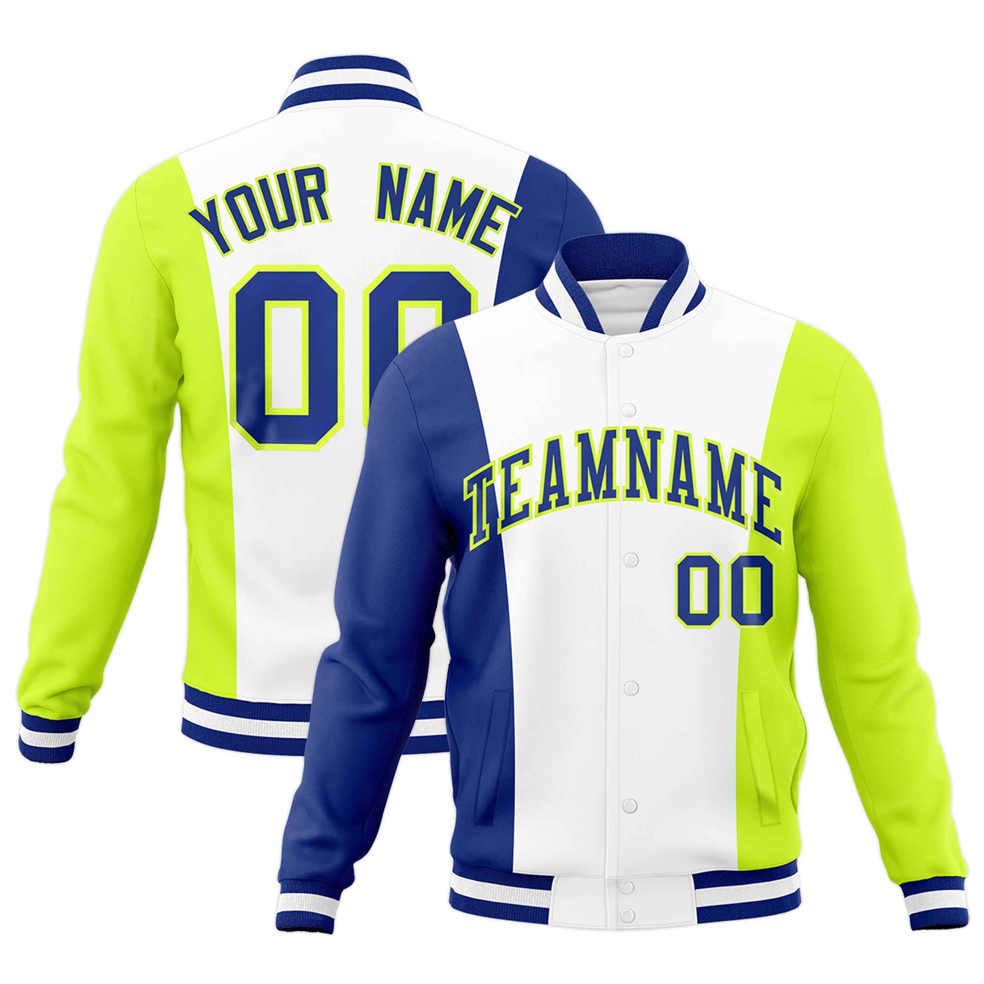 Custom White Royal Blue Fluorescent Green Personalization Varsity Full-Snap Three Color Blocks Letterman Jacket| KXKSHOP