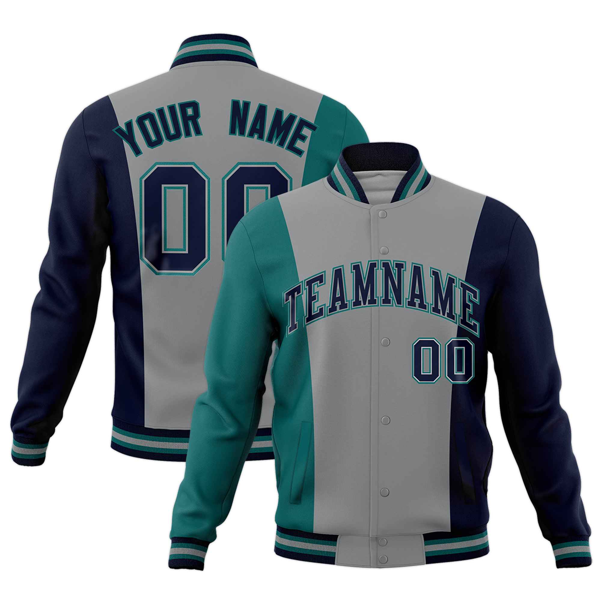Custom Gray Teal Navy Personalization Varsity Full-Snap Three Color Blocks Letterman Jacket| KXKSHOP