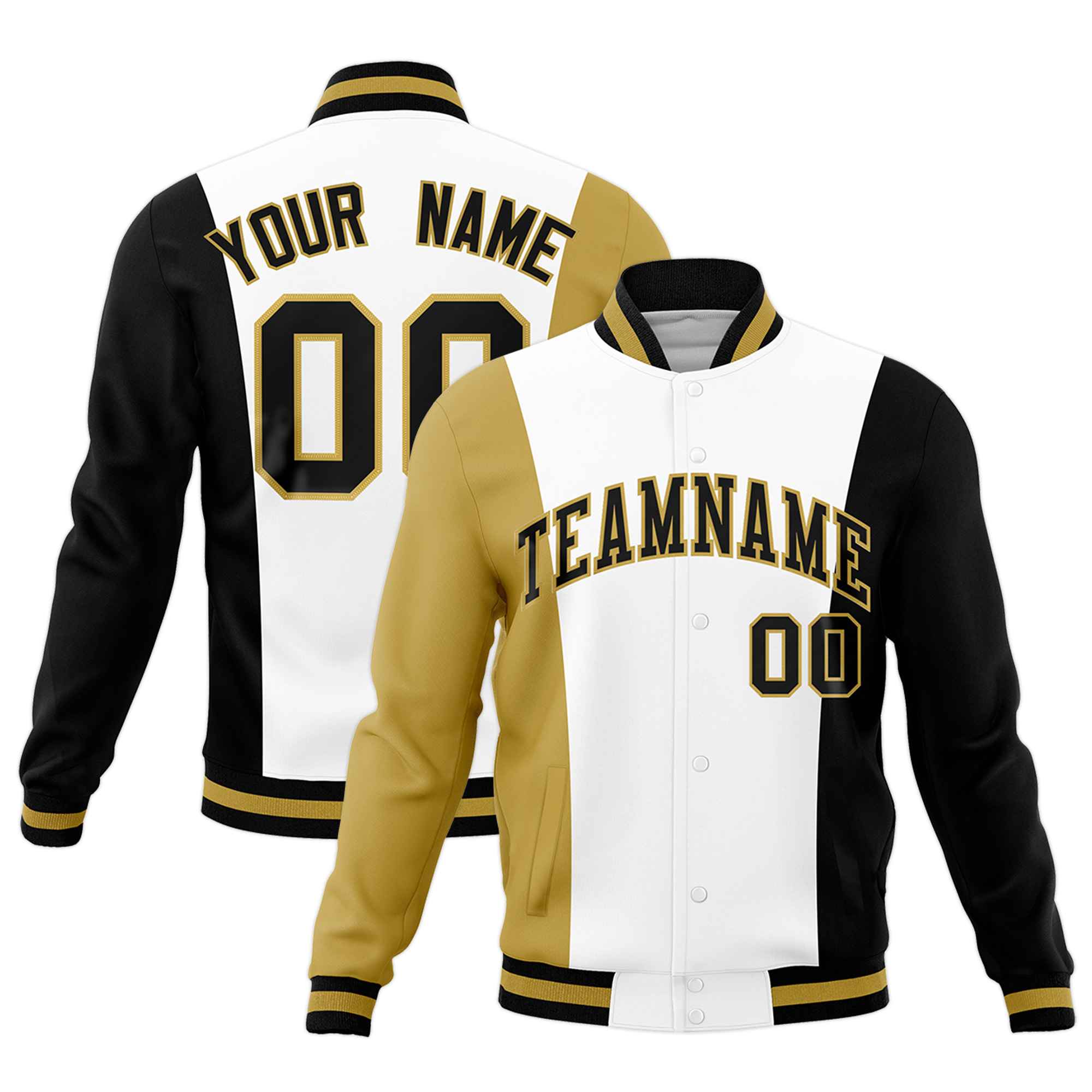 Custom White Old Gold Black Personalization Varsity Full-Snap Three Color Blocks Letterman Jacket| KXKSHOP