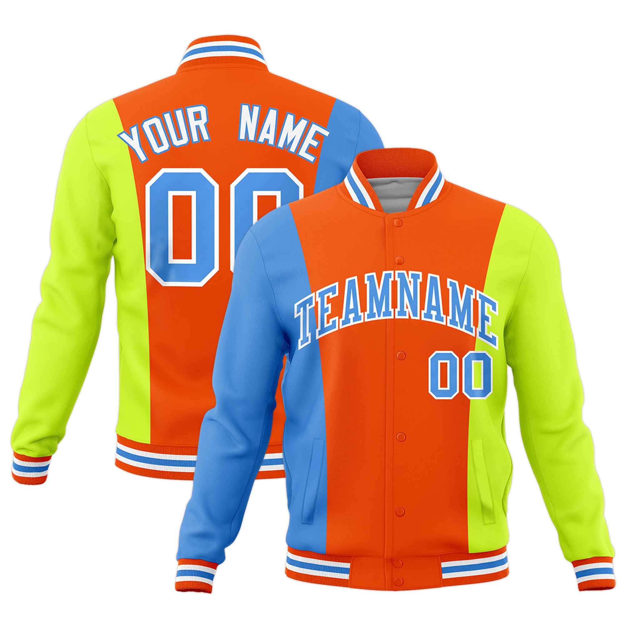 Custom Orange Powder Blue Fluorescent Green Personalization Varsity Full-Snap Three Color Blocks Letterman Jacket| KXKSHOP