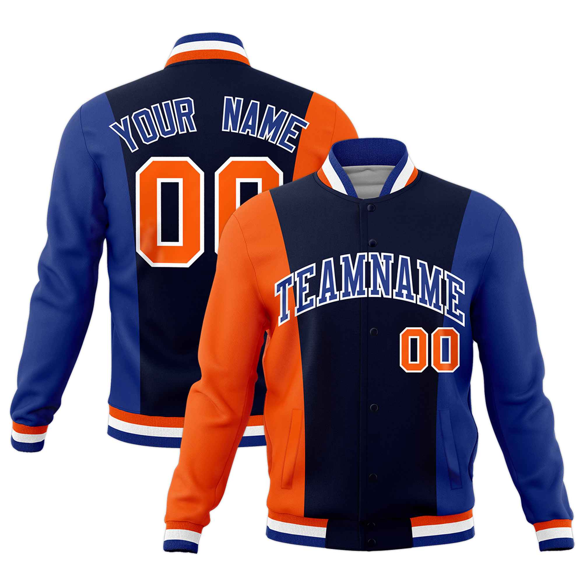 Custom Navy Orange Royal Blue Personalization Varsity Full-Snap Three Color Blocks Letterman Jacket| KXKSHOP
