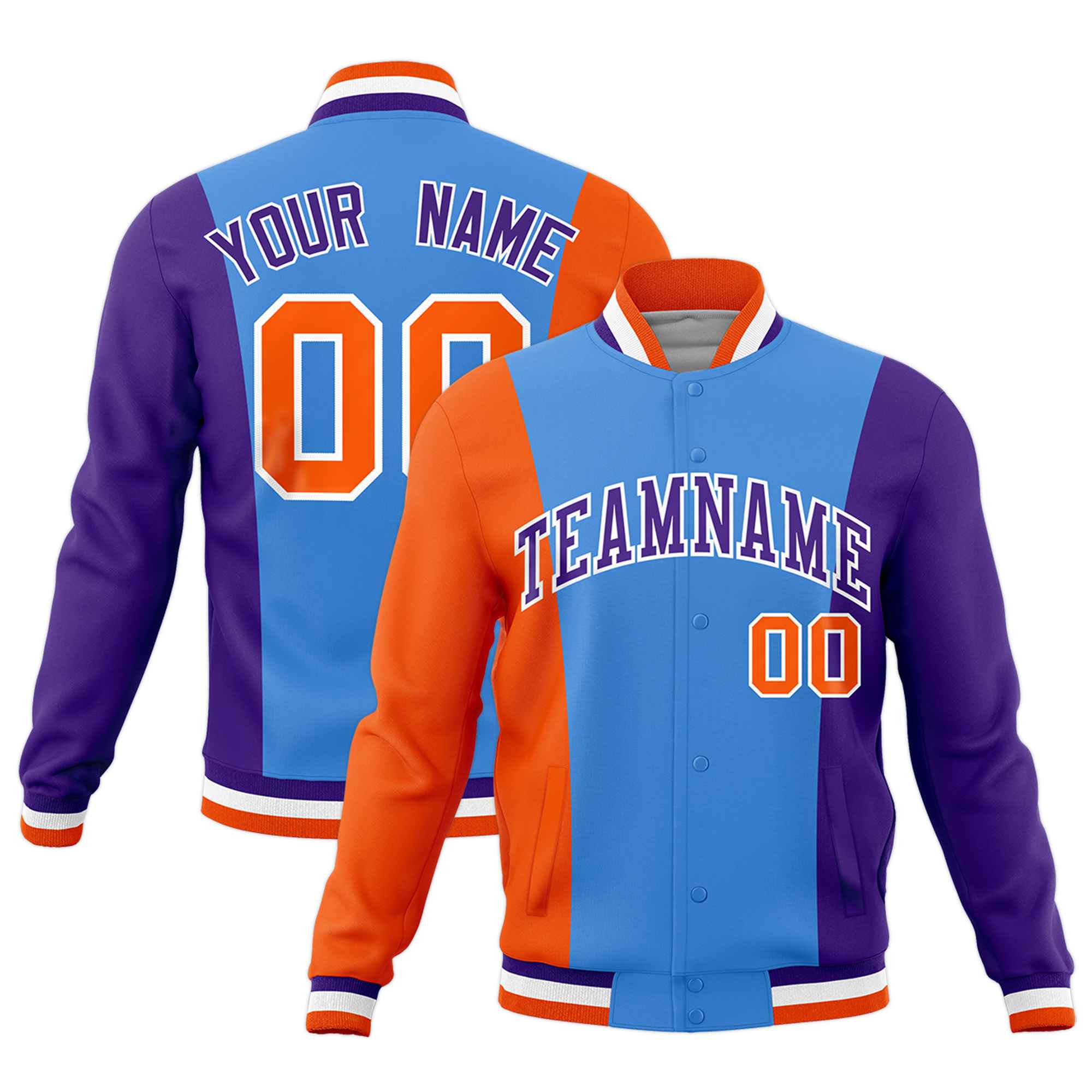 Custom Powder Blue Orange Purple Personalization Varsity Full-Snap Three Color Blocks Letterman Jacket| KXKSHOP