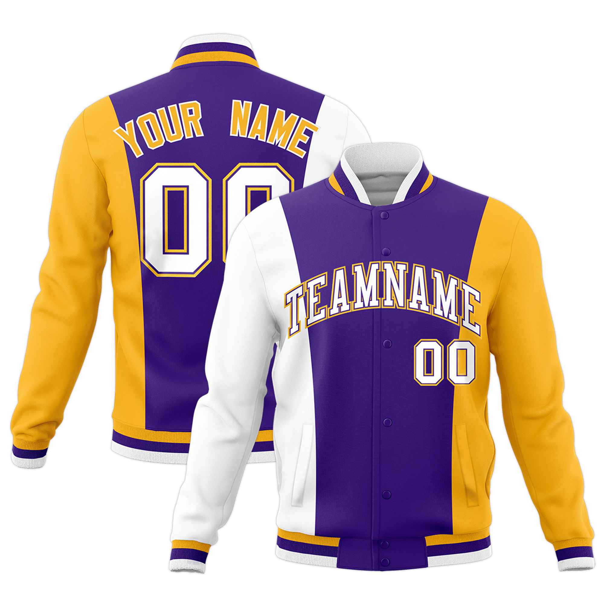 Custom Purple White Yellow Personalization Varsity Full-Snap Three Color Blocks Letterman Jacket| KXKSHOP