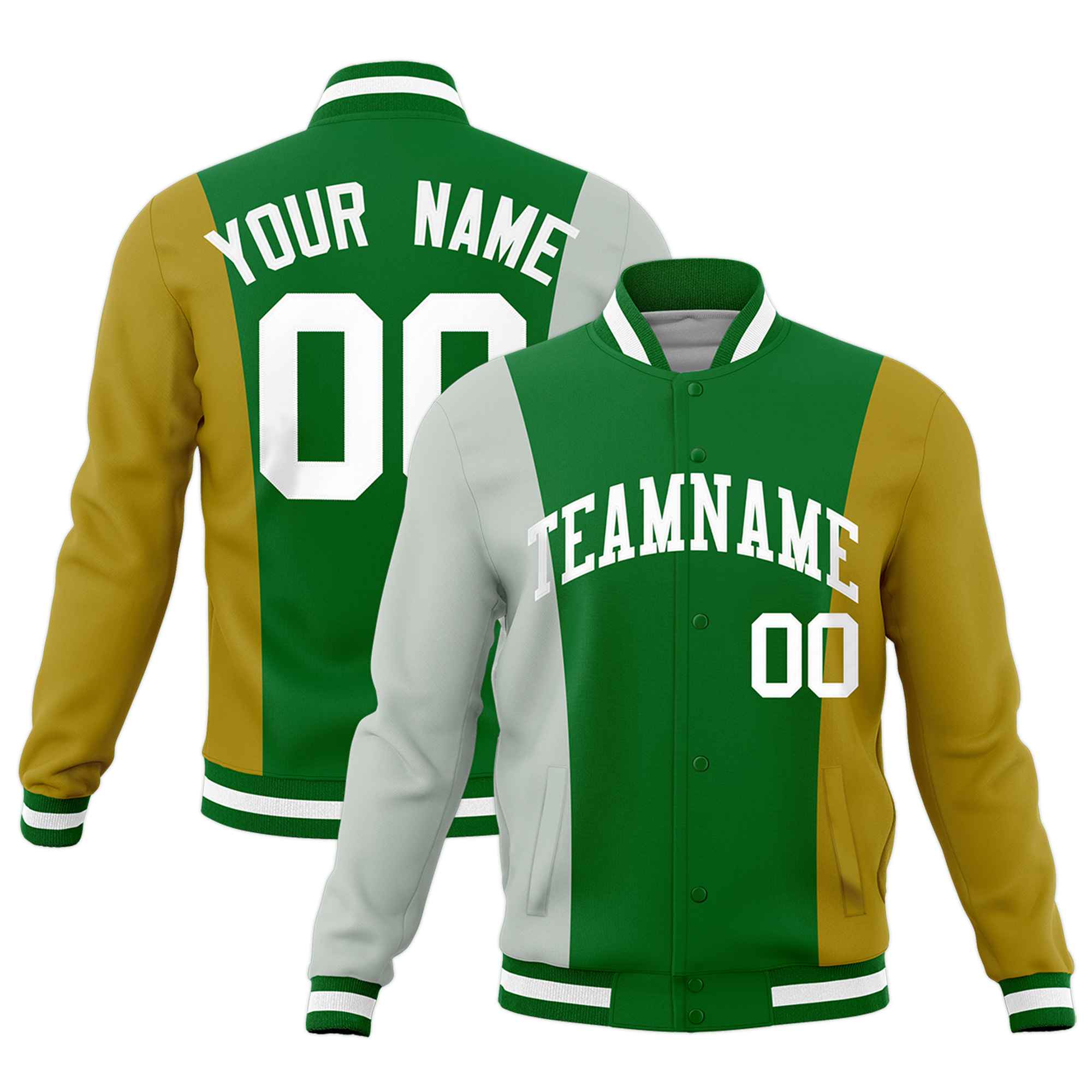 Custom Kelly Green Gray Old Gold Personalization Varsity Full-Snap Three Color Blocks Letterman Jacket| KXKSHOP