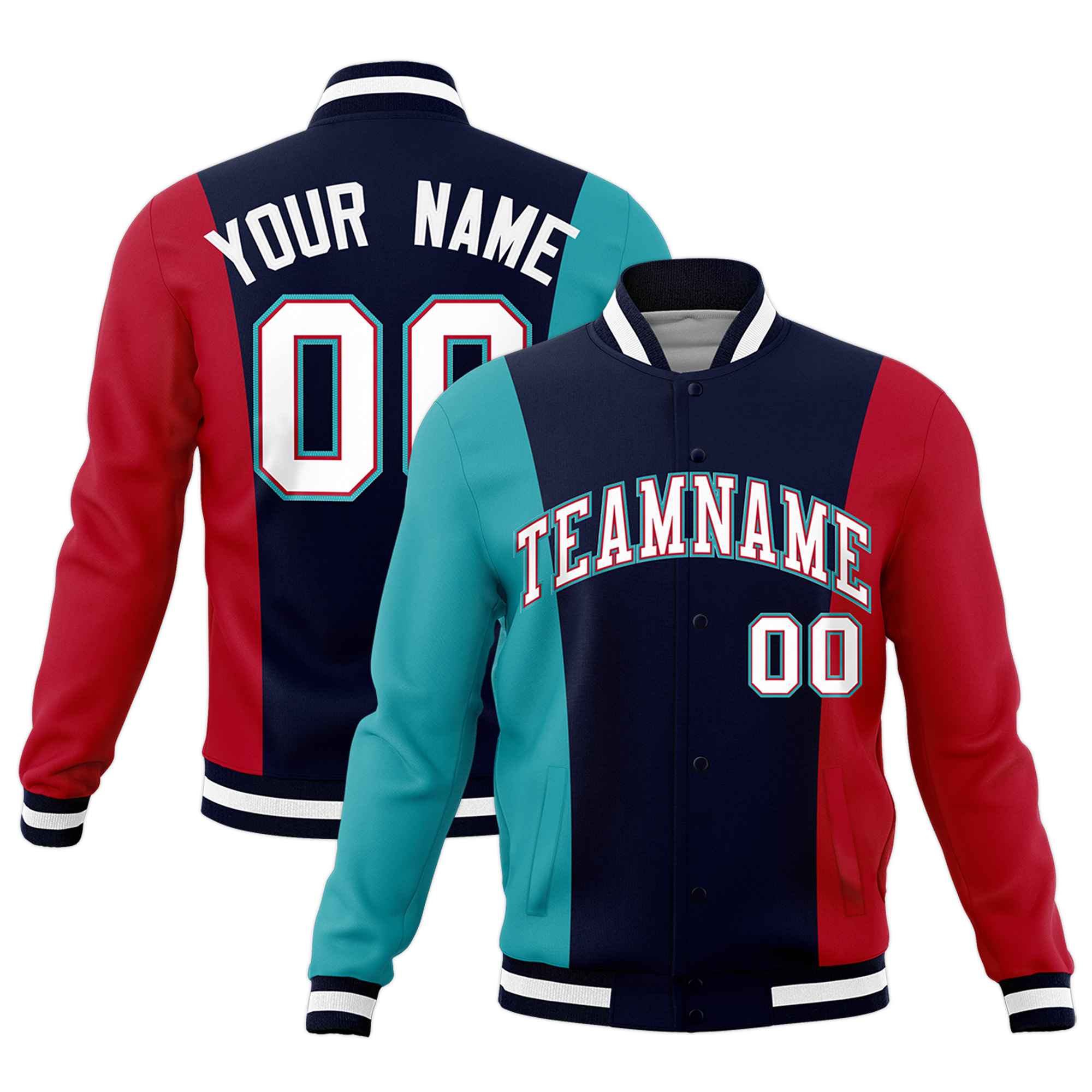 Custom Navy Aqua Red Personalization Varsity Full-Snap Three Color Blocks Letterman Jacket| KXKSHOP