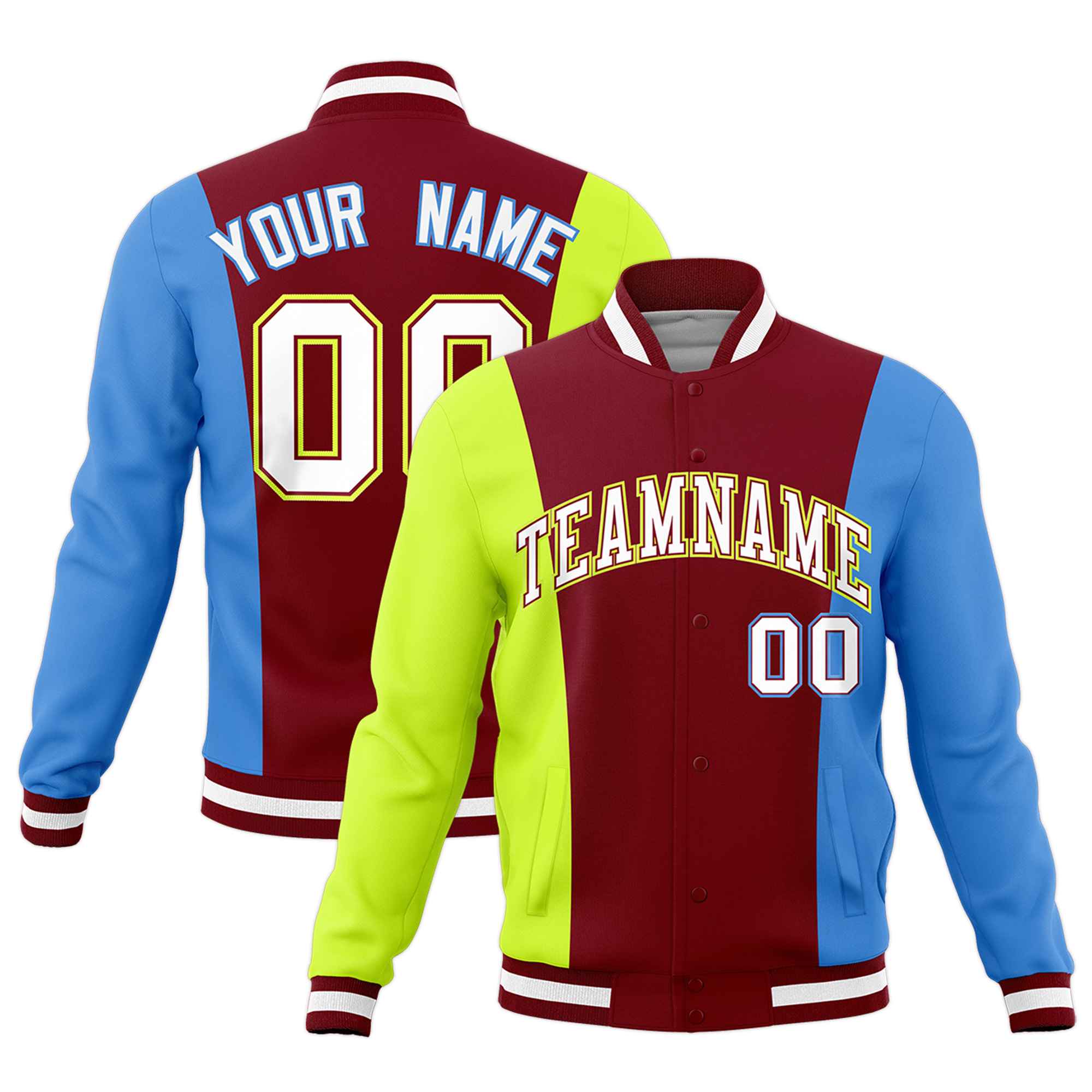 Custom Crimson Fluorescent Green Powder Blue Personalization Varsity Full-Snap Three Color Blocks Letterman Jacket| KXKSHOP