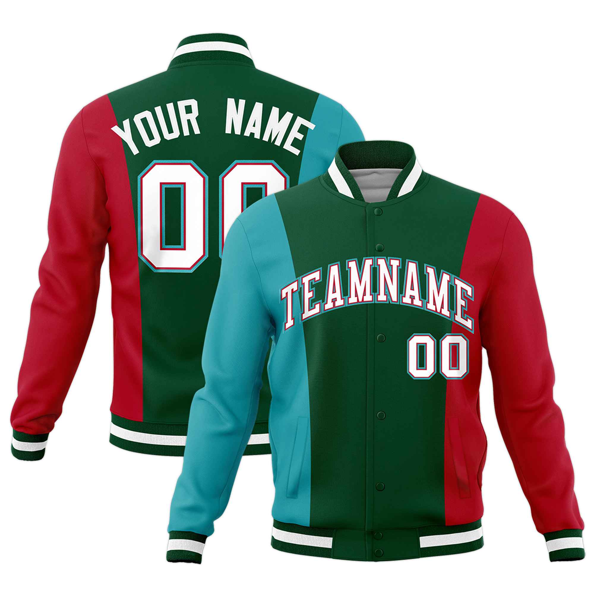 Custom Green Aqua Red Personalization Varsity Full-Snap Three Color Blocks Letterman Jacket| KXKSHOP