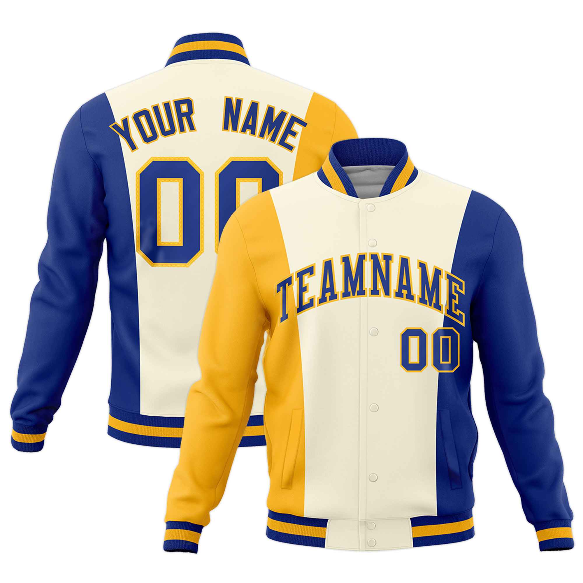 Custom Yellow Cream Royal Blue Personalization Varsity Full-Snap Three Color Blocks Letterman Jacket| KXKSHOP