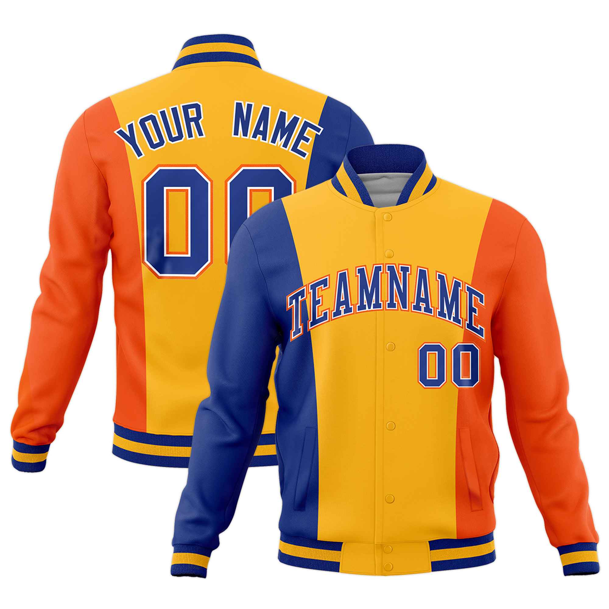 Custom Royal Blue Yellow Orange Personalization Varsity Full-Snap Three Color Blocks Letterman Jacket| KXKSHOP