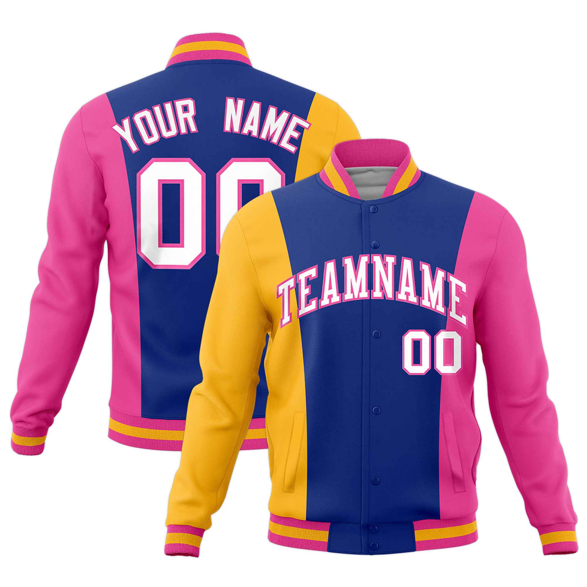 Custom Yellow Royal Blue Pink Personalization Varsity Full-Snap Three Color Blocks Letterman Jacket| KXKSHOP