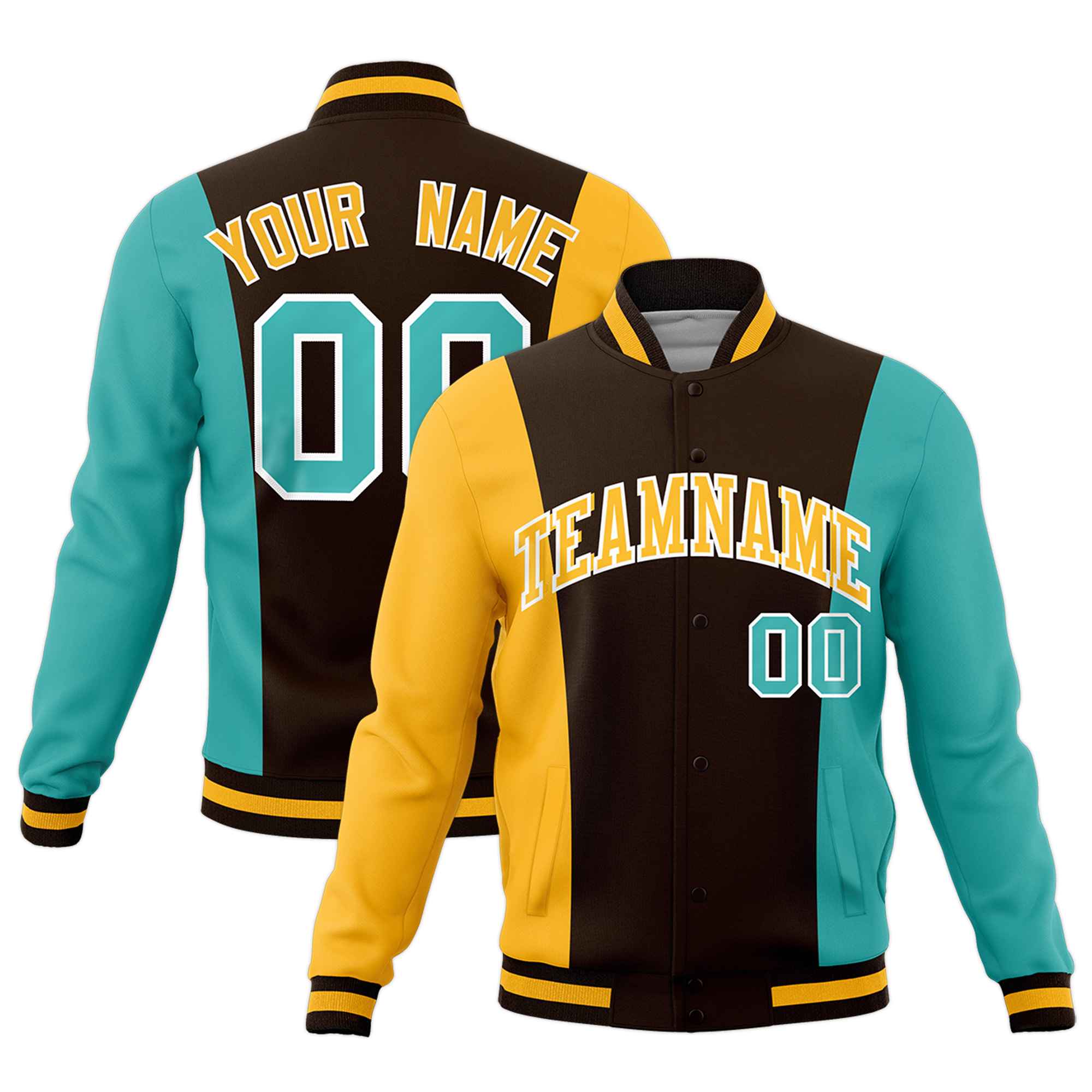 Custom Brown Yellow Teal Personalization Varsity Full-Snap Three Color Blocks Letterman Jacket| KXKSHOP