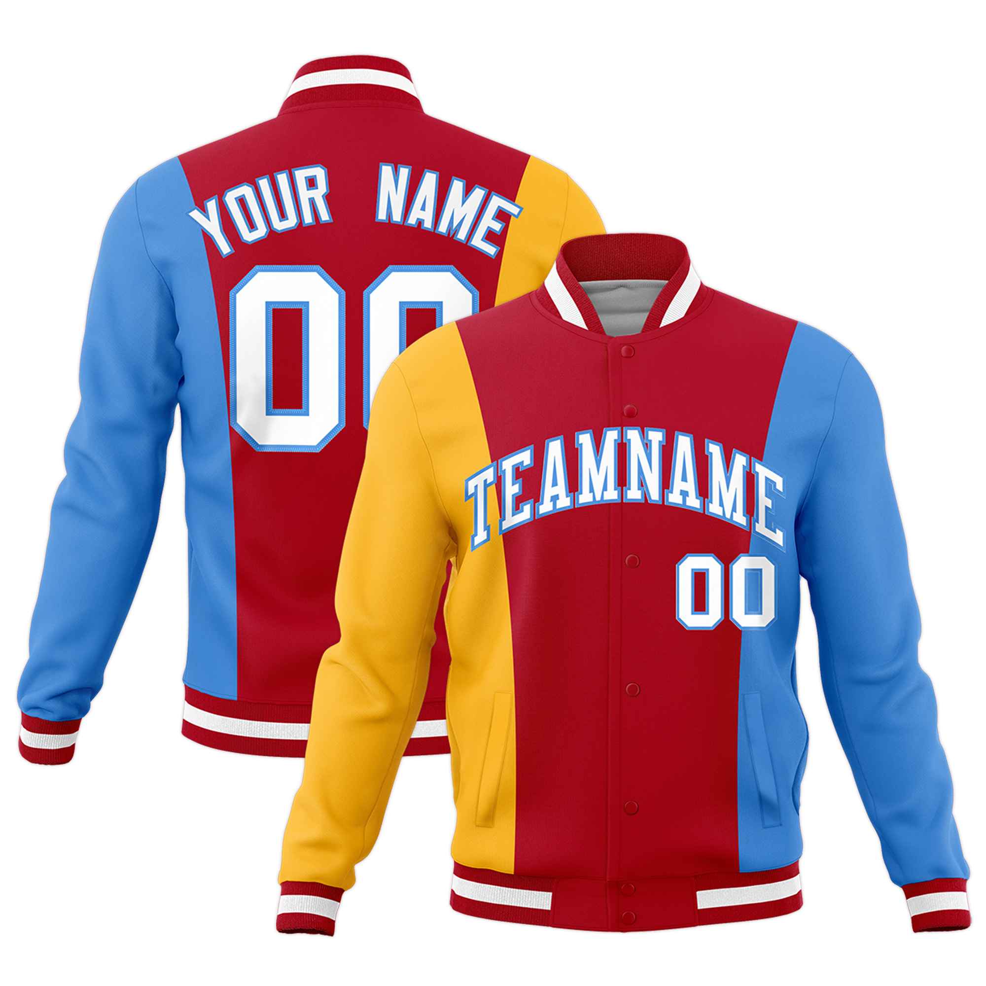 Custom Red Yellow Powder Blue Personalization Varsity Full-Snap Three Color Blocks Letterman Jacket| KXKSHOP