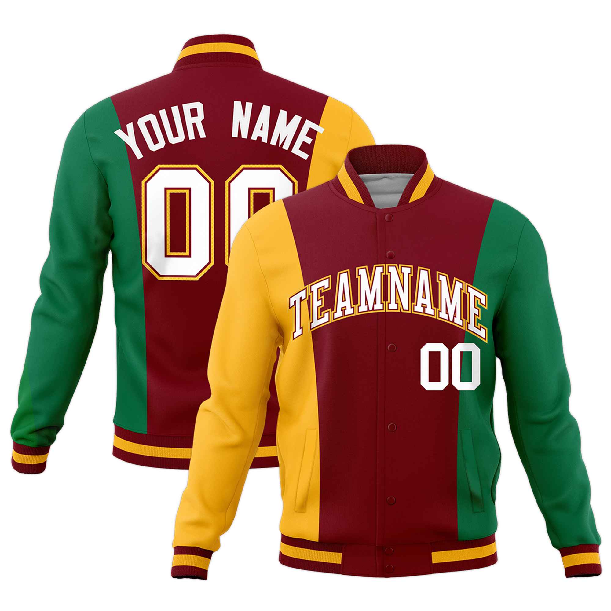Custom Crimson Yellow Kelly Green Personalization Varsity Full-Snap Three Color Blocks Letterman Jacket| KXKSHOP