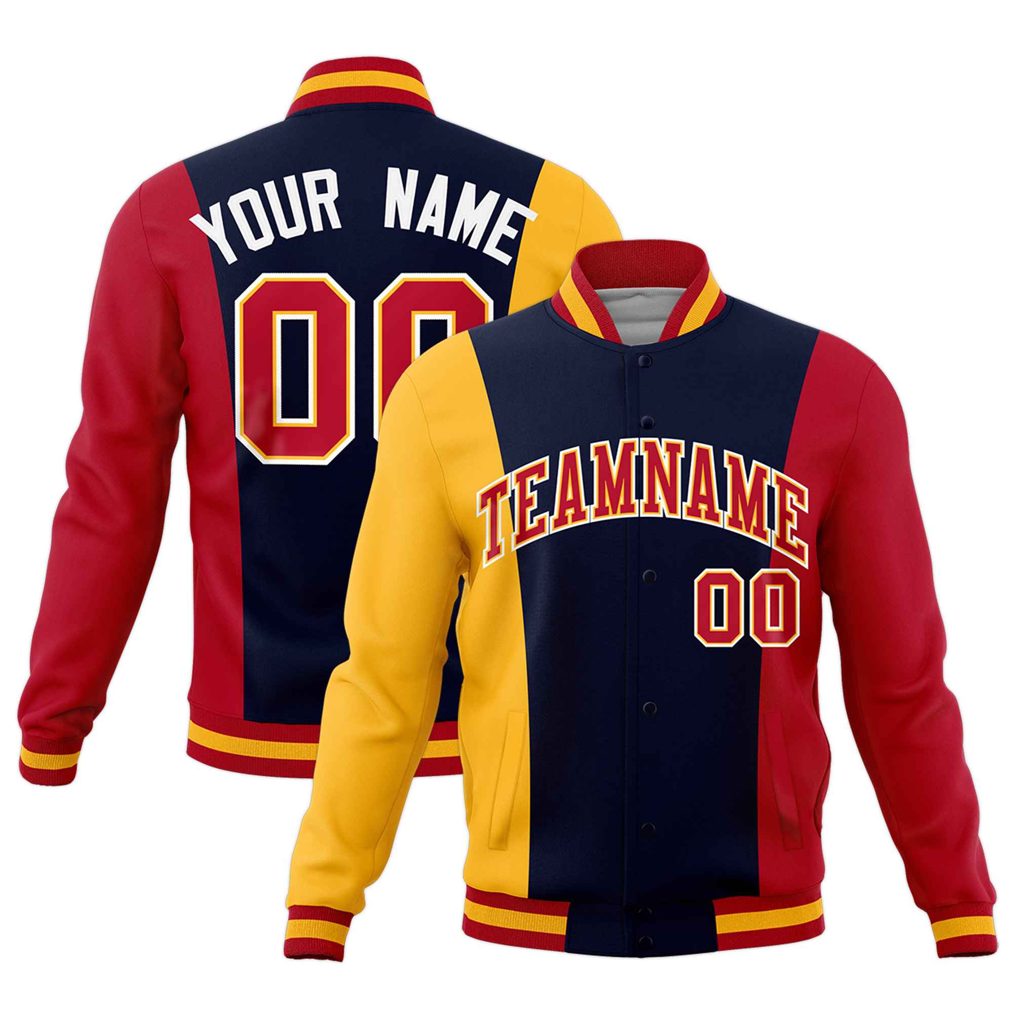 Custom Navy Yellow Red Personalization Varsity Full-Snap Three Color Blocks Letterman Jacket| KXKSHOP