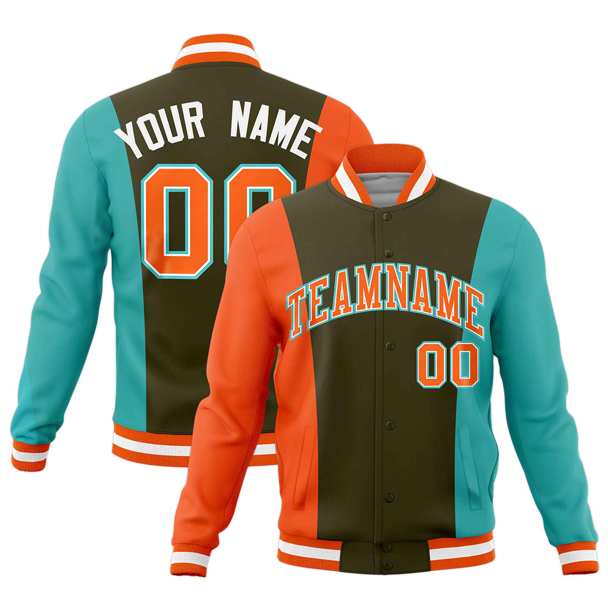 Custom Olive Orange Teal Personalization Varsity Full-Snap Three Color Blocks Letterman Jacket| KXKSHOP