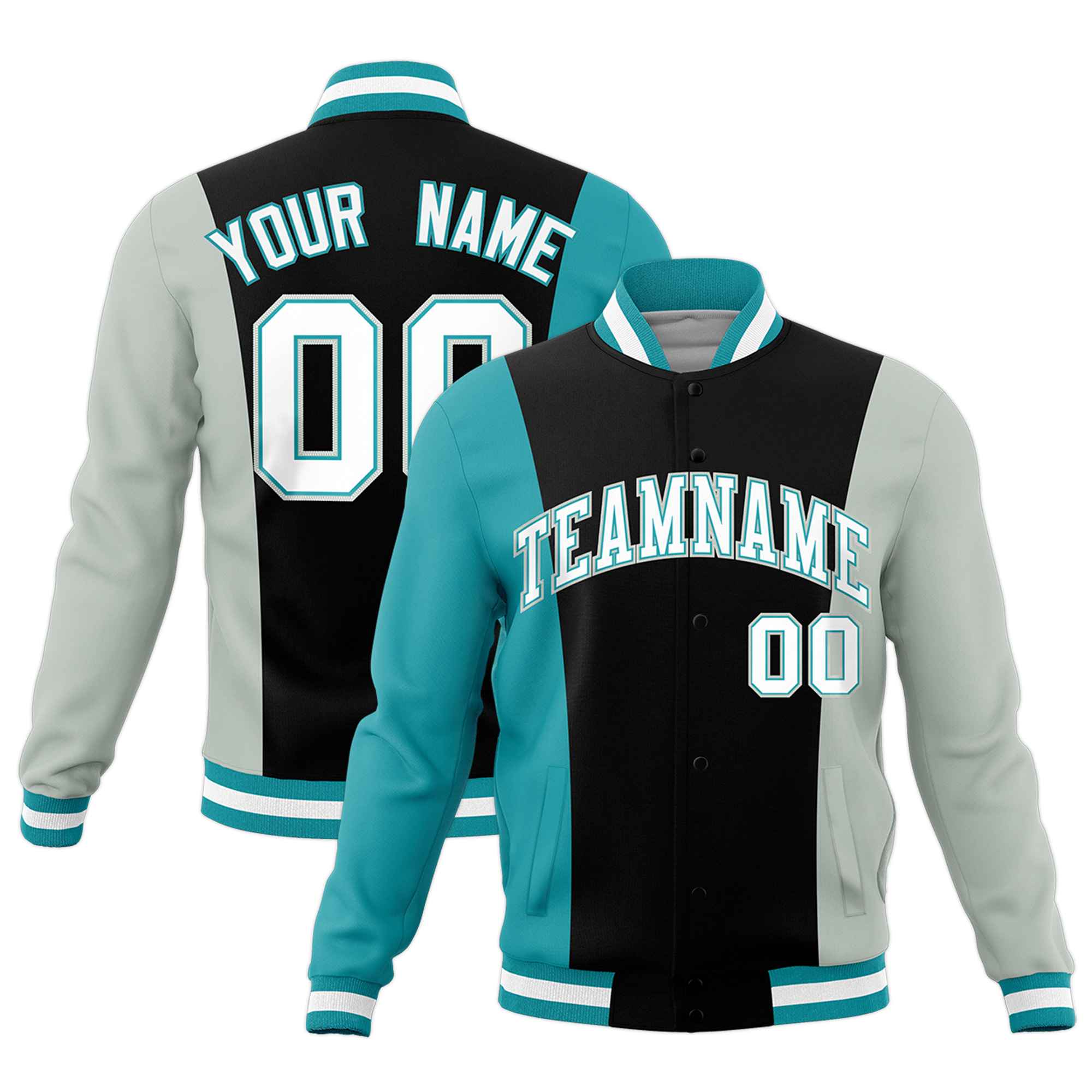 Custom Black Gray Aqua Personalization Varsity Full-Snap Three Color Blocks Letterman Jacket| KXKSHOP