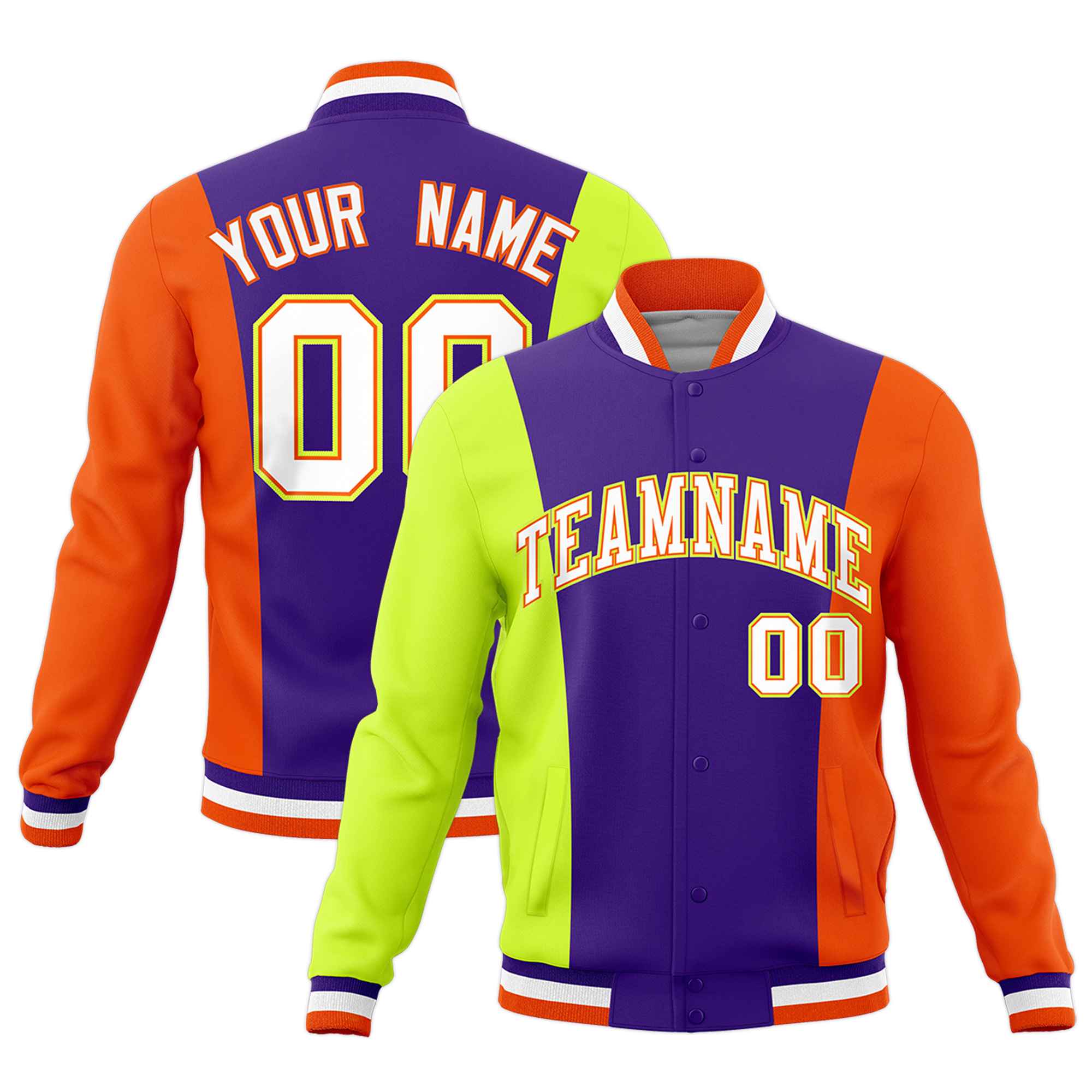 Custom Purple Fluorescent Green Yellow Personalization Varsity Full-Snap Three Color Blocks Letterman Jacket| KXKSHOP