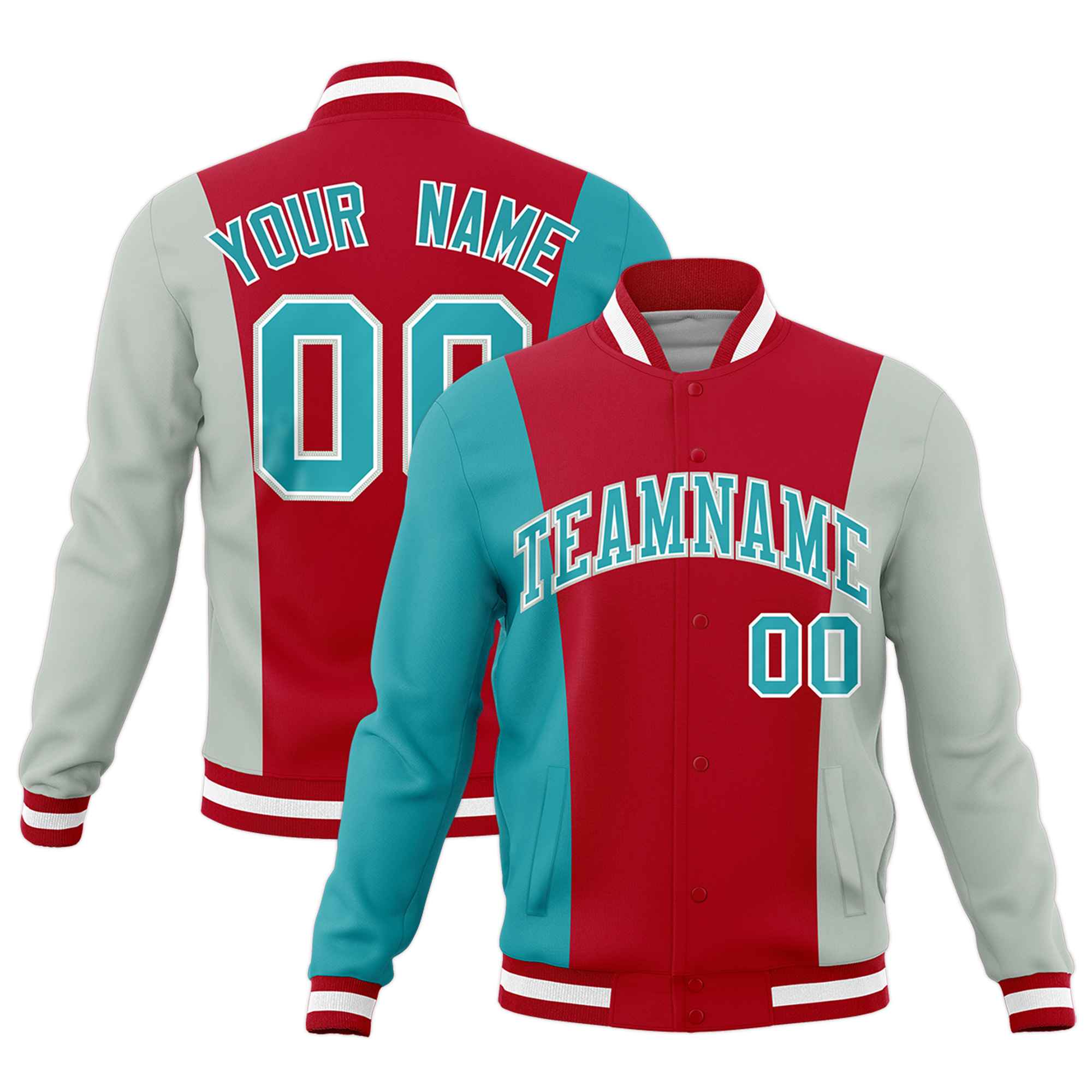 Custom Red Aqua Gray Personalization Varsity Full-Snap Three Color Blocks Letterman Jacket| KXKSHOP