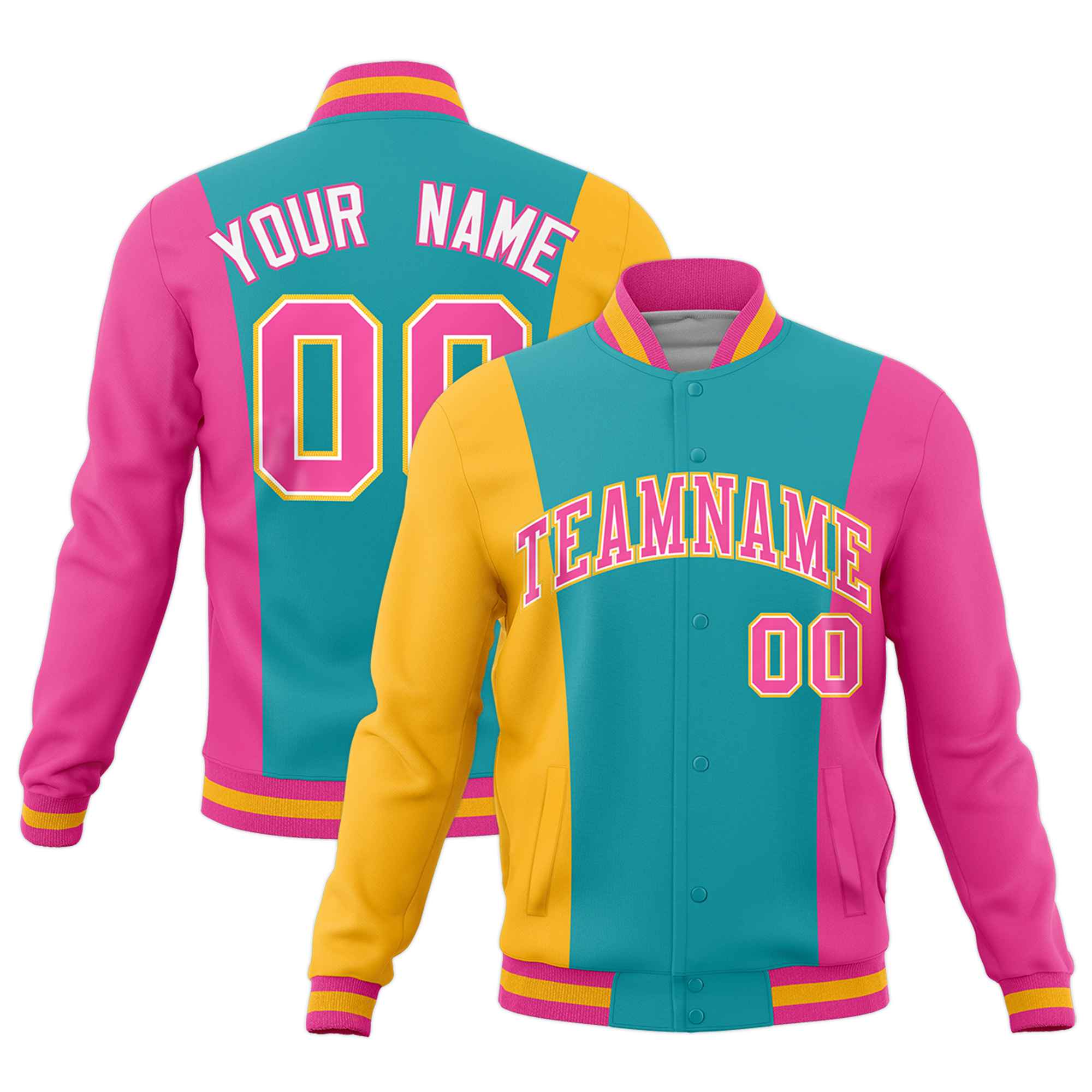 Custom Aqua Yellow Pink Personalization Varsity Full-Snap Three Color Blocks Letterman Jacket| KXKSHOP