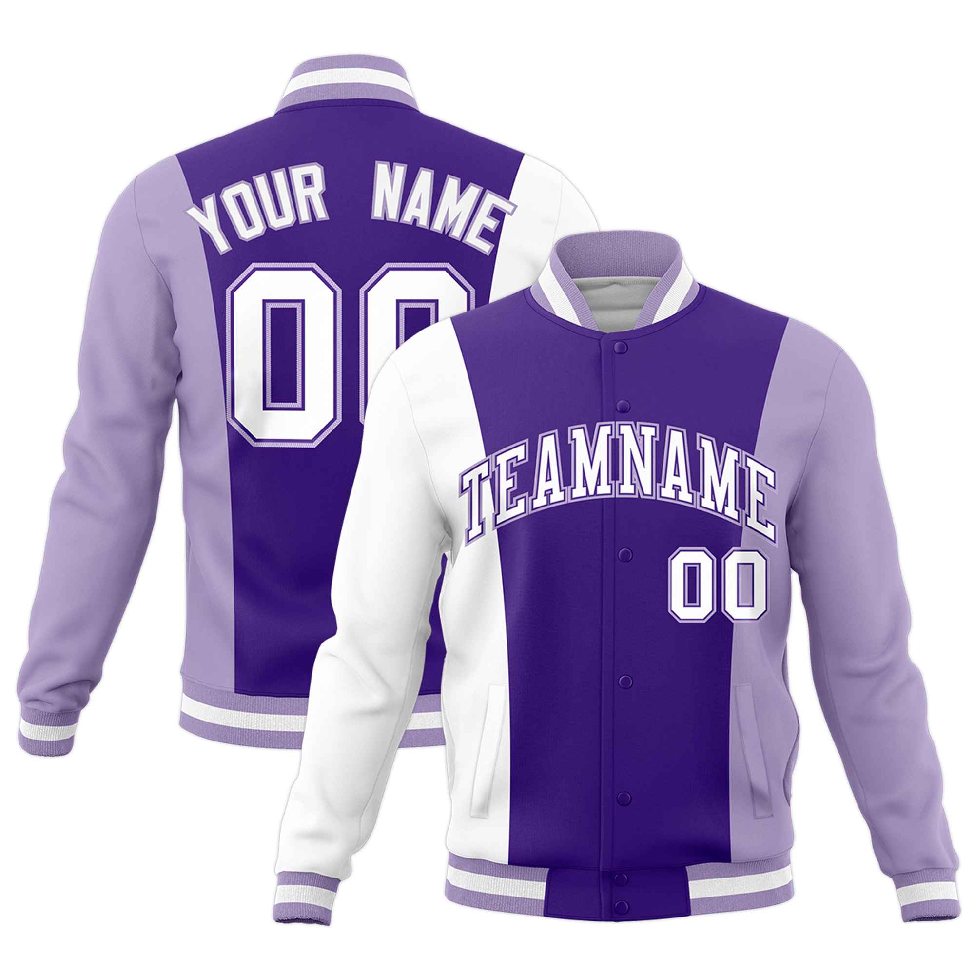 Custom Purple White Light Purple Personalization Varsity Full-Snap Three Color Blocks Letterman Jacket| KXKSHOP