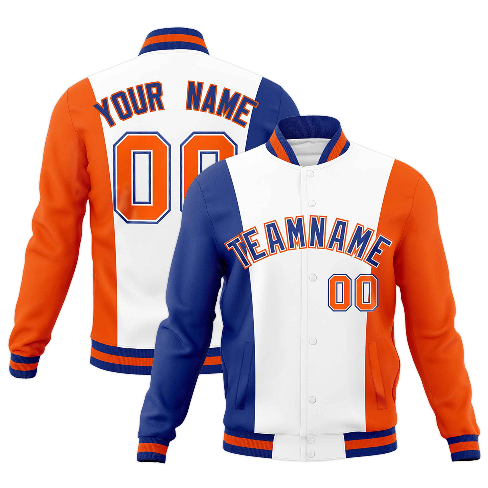 Custom White Royal Blue Orange Personalization Varsity Full-Snap Three Color Blocks Letterman Jacket| KXKSHOP
