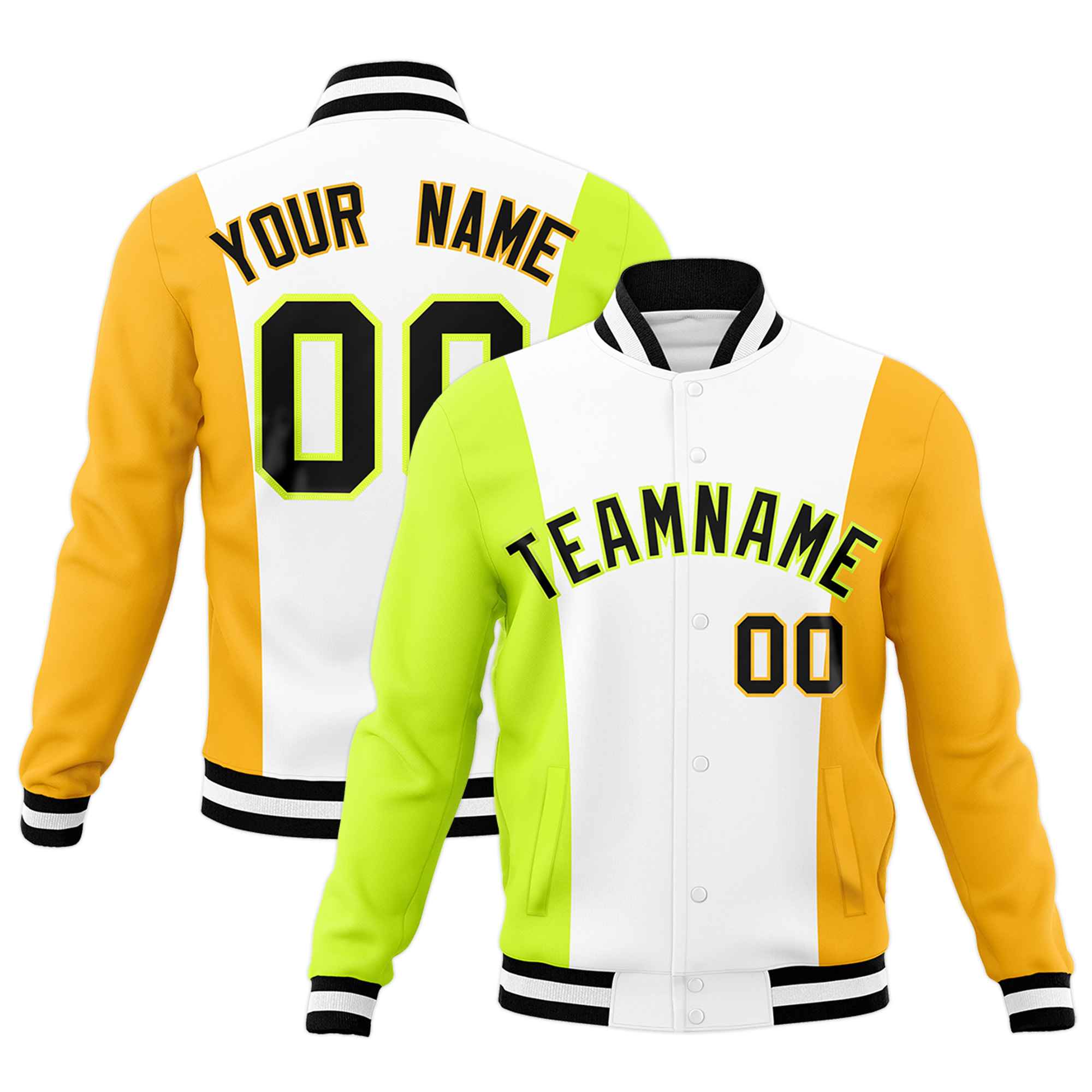 Custom White Fluorescent Green Yellow Personalization Varsity Full-Snap Three Color Blocks Letterman Jacket| KXKSHOP