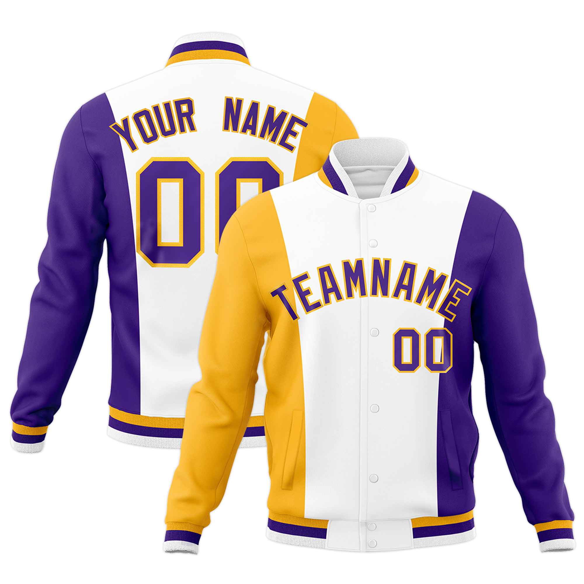 Custom White Yellow Purple Personalization Varsity Full-Snap Three Color Blocks Letterman Jacket| KXKSHOP