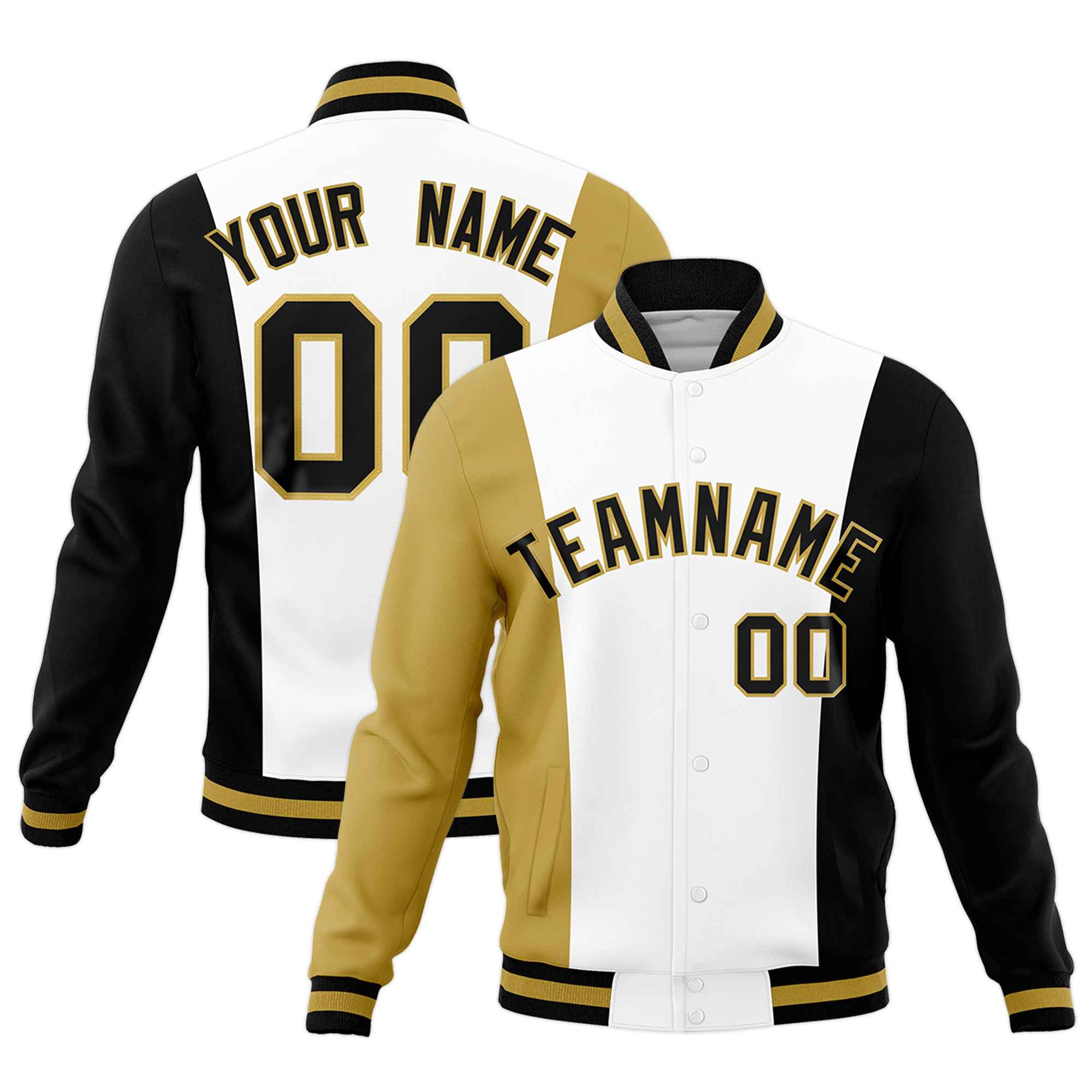 Custom White Old Gold Black Personalization Varsity Full-Snap Three Color Blocks Letterman Jacket| KXKSHOP
