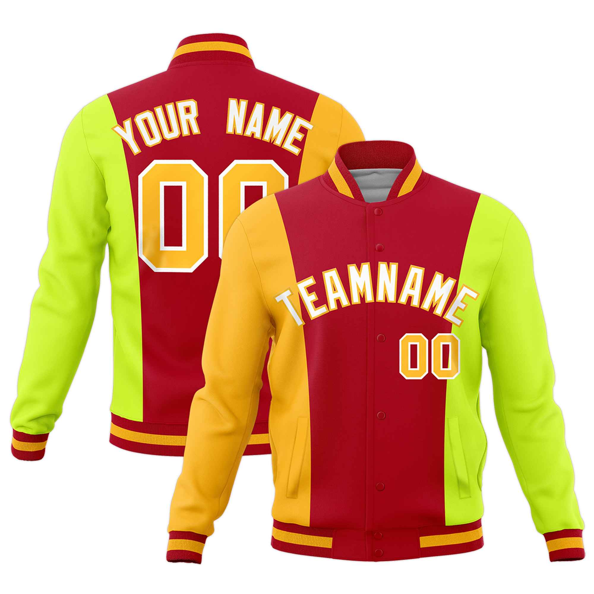 Custom Red Yellow Fluorescent Green Personalization Varsity Full-Snap Three Color Blocks Letterman Jacket| KXKSHOP
