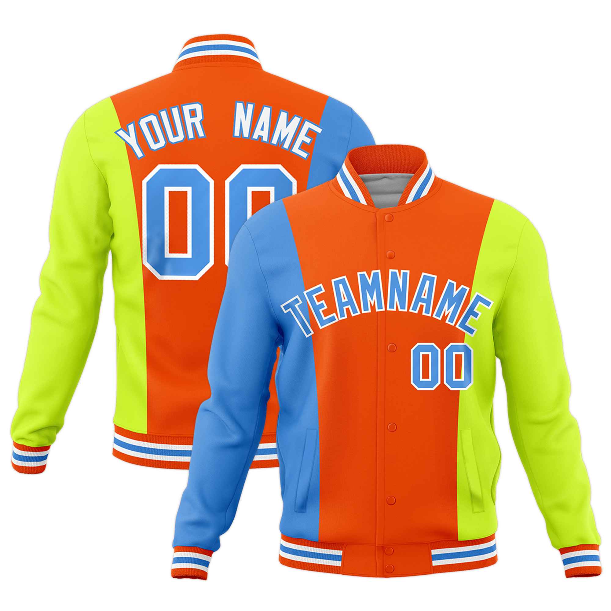 Custom Orange Powder Blue Fluorescent Green Personalization Varsity Full-Snap Three Color Blocks Letterman Jacket| KXKSHOP