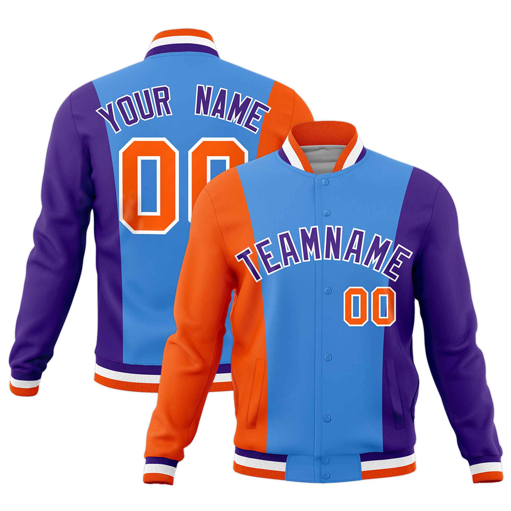 Custom Powder Blue Orange Purple Personalization Varsity Full-Snap Three Color Blocks Letterman Jacket| KXKSHOP