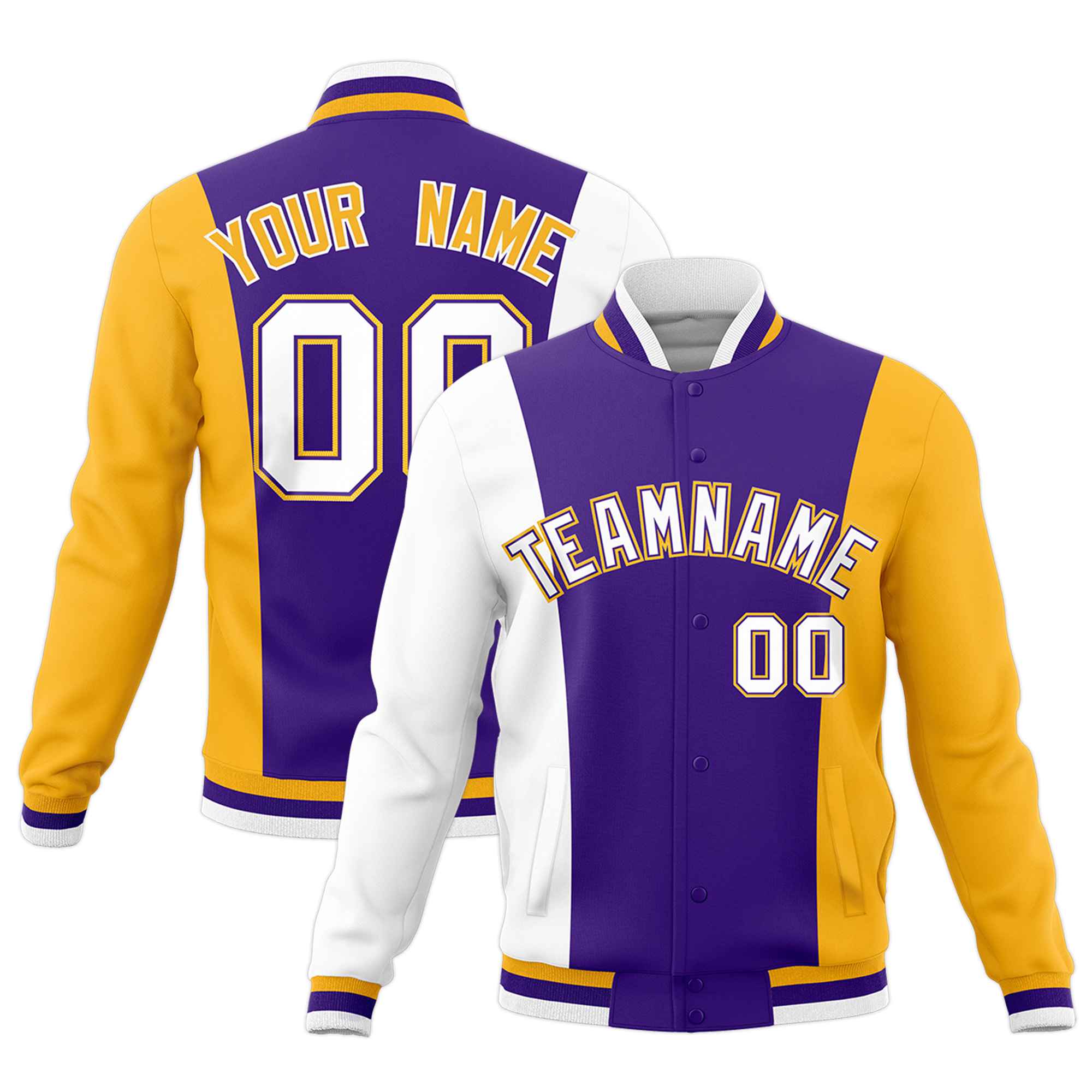 Custom Purple White Yellow Personalization Varsity Full-Snap Three Color Blocks Letterman Jacket| KXKSHOP