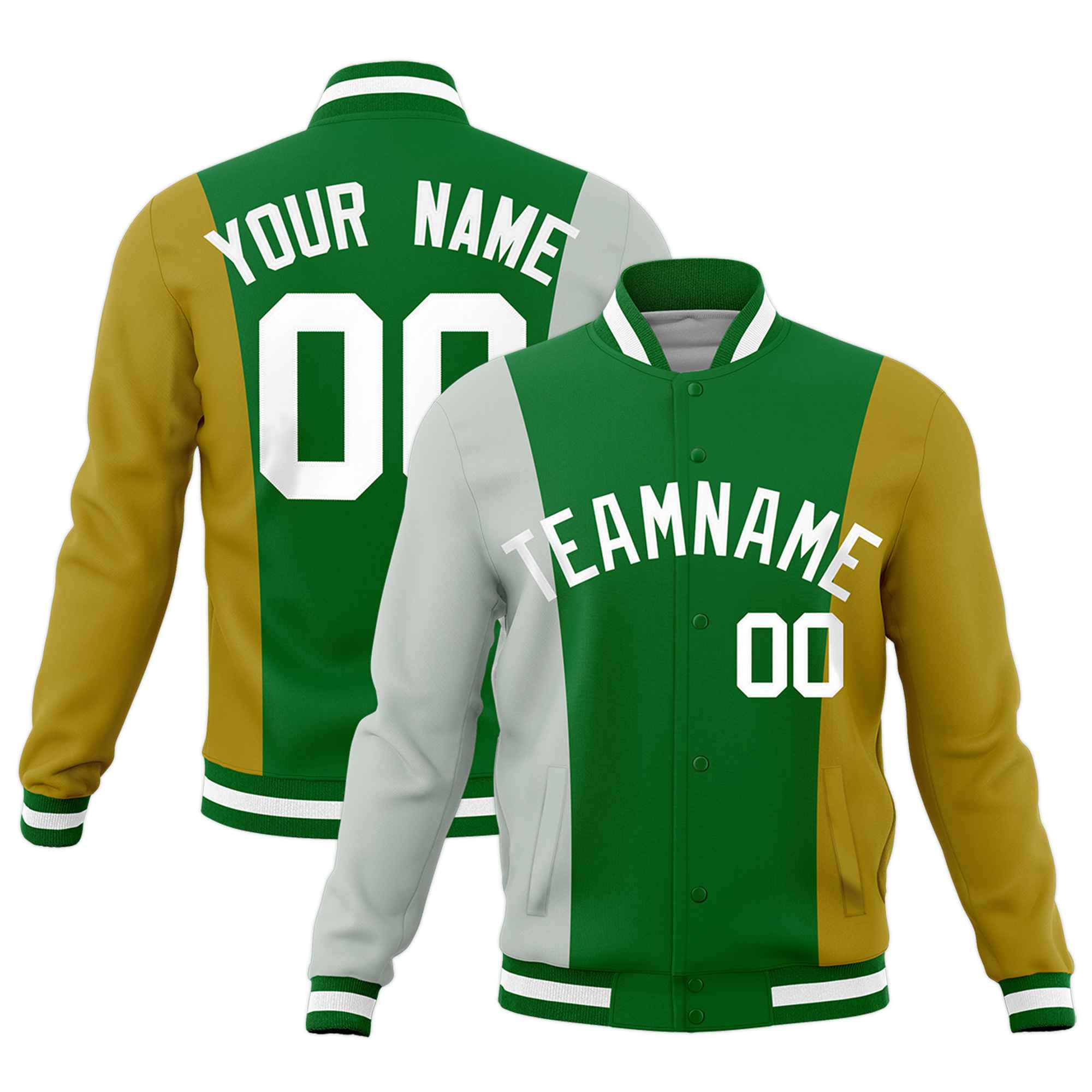 Custom Kelly Green Gray Old Gold Personalization Varsity Full-Snap Three Color Blocks Letterman Jacket| KXKSHOP